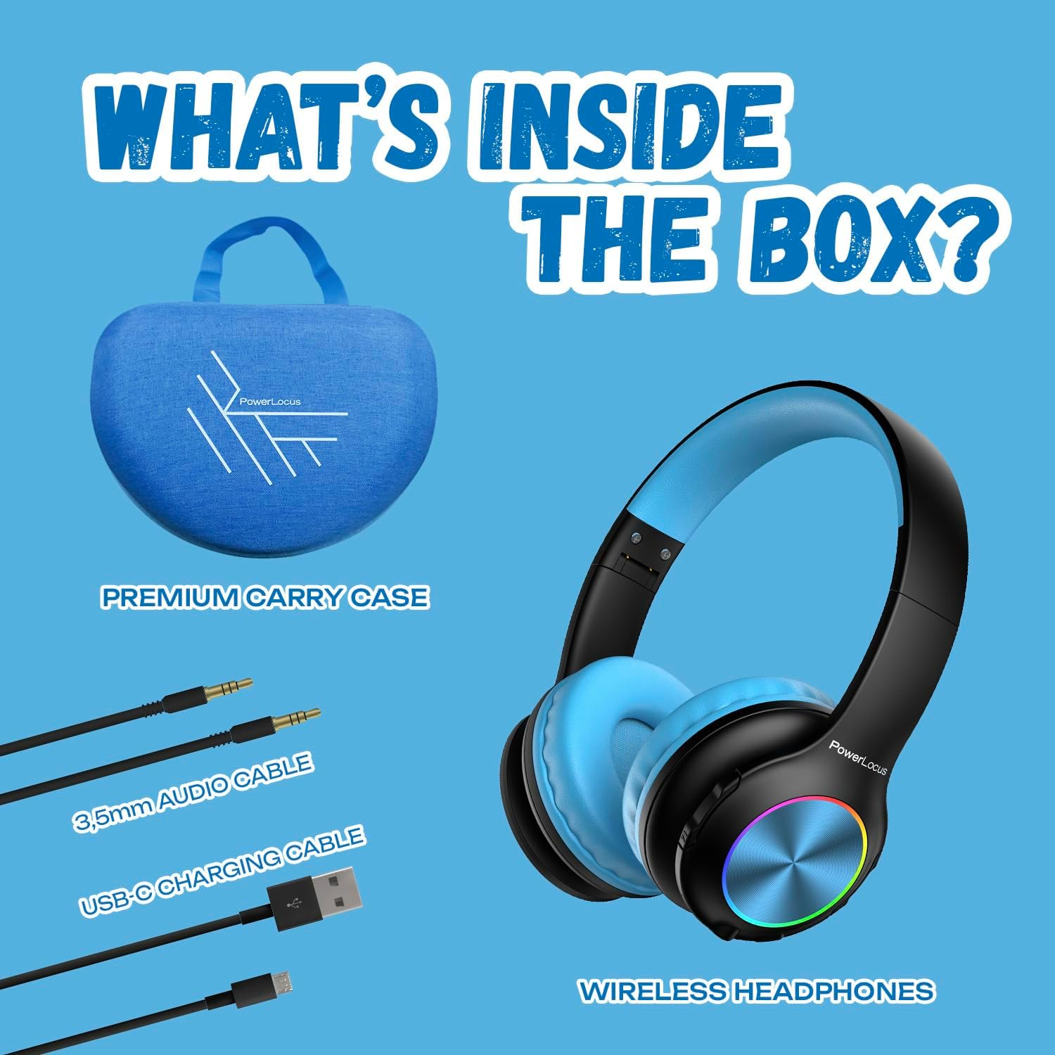 Contenu de la boîte : étui bleu, casque bleu/noir, câble audio, câble USB-C.