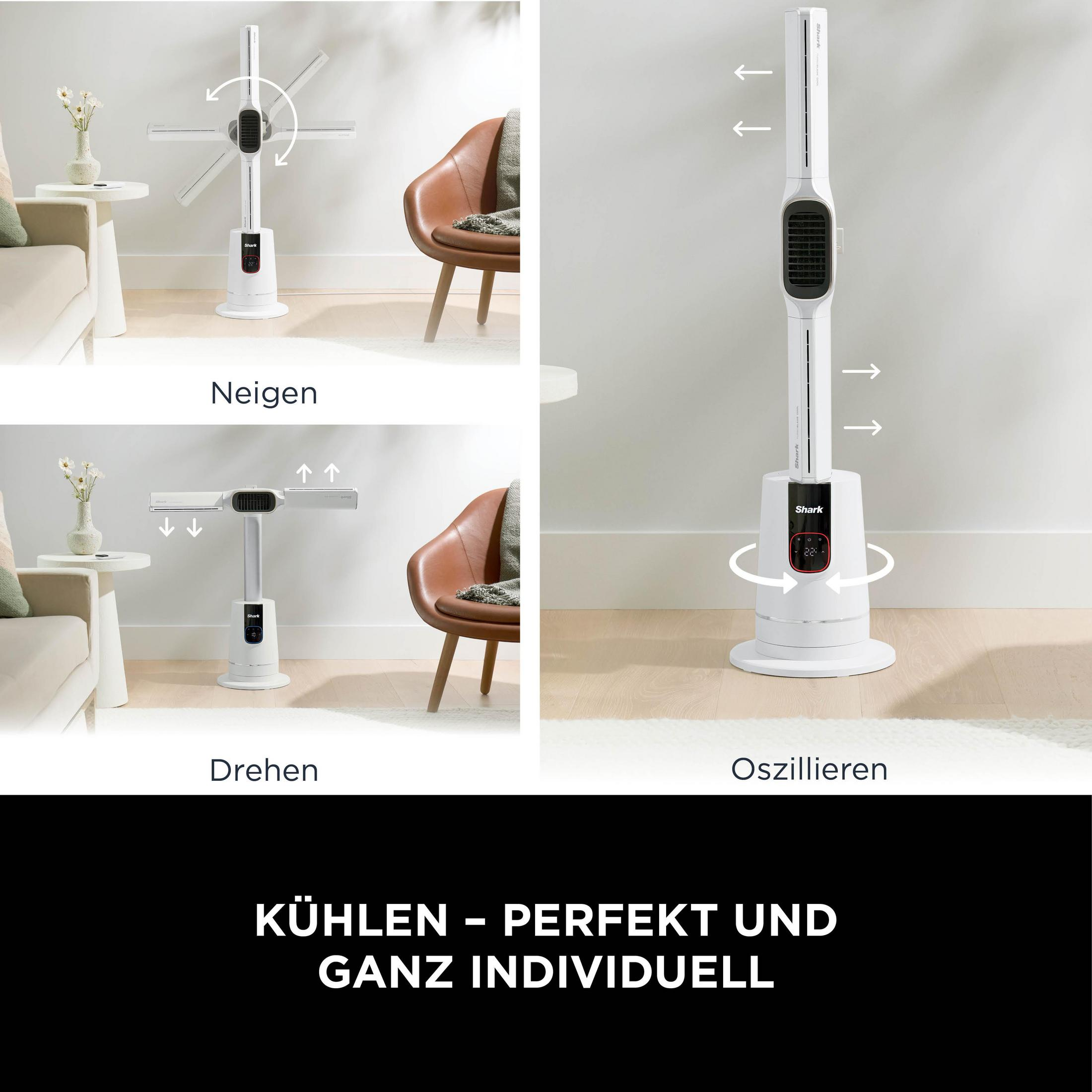 Ein weißer Turmventilator mit Hinweisen zu Neigen, Drehen und Oszillieren.