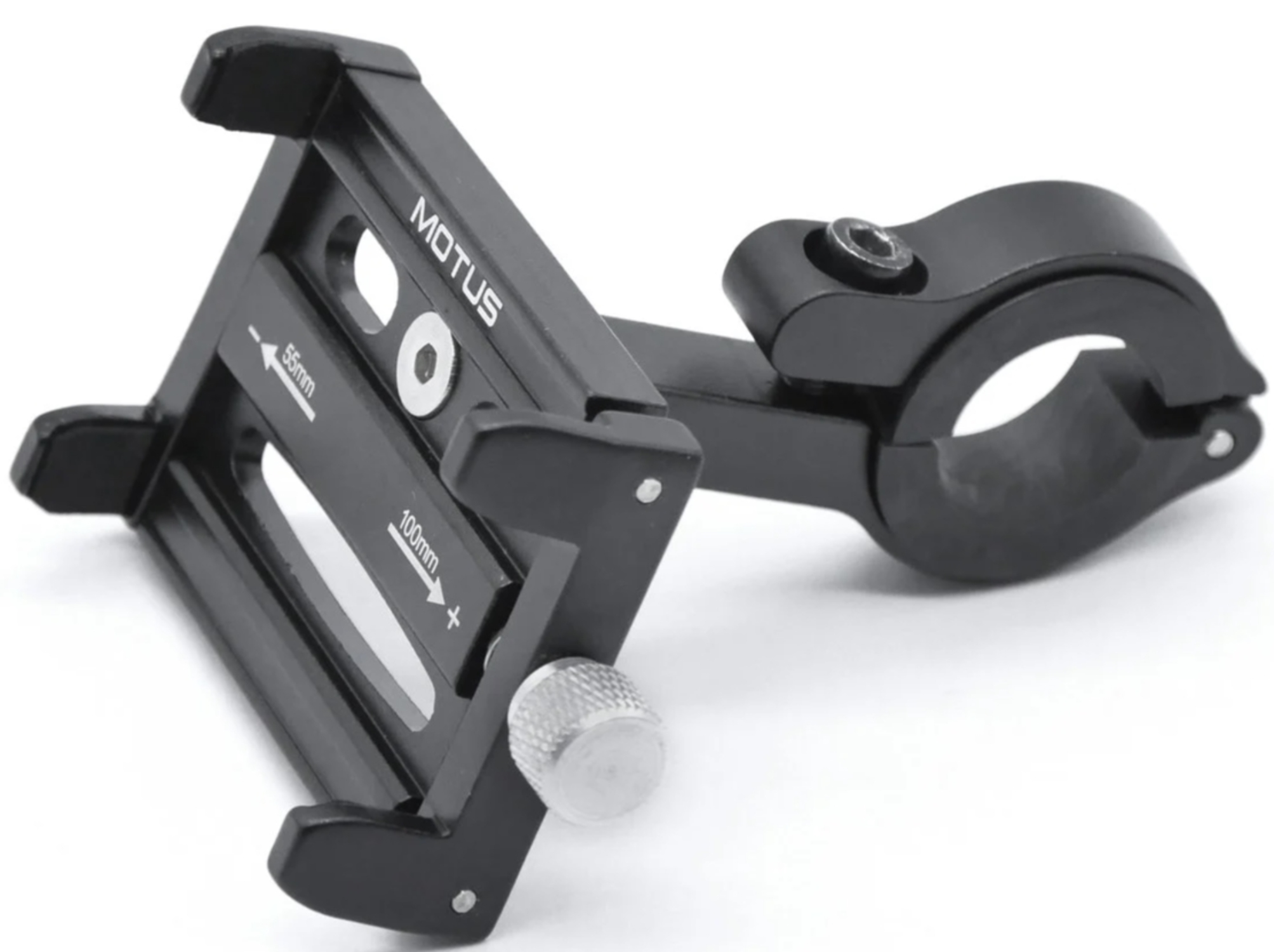 Supporto nero in metallo per telefono con morsetto per manubrio, con scale.