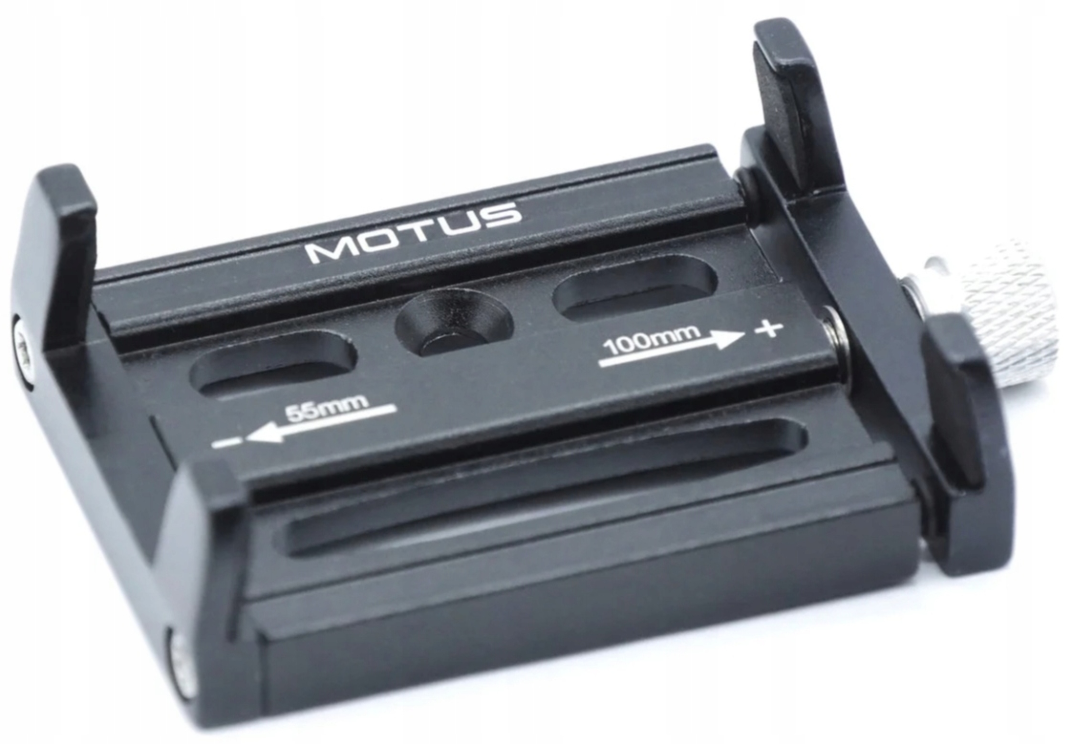 Supporto fotocamera nero con logo MOTUS, segni di regolazione 55mm e 100mm.