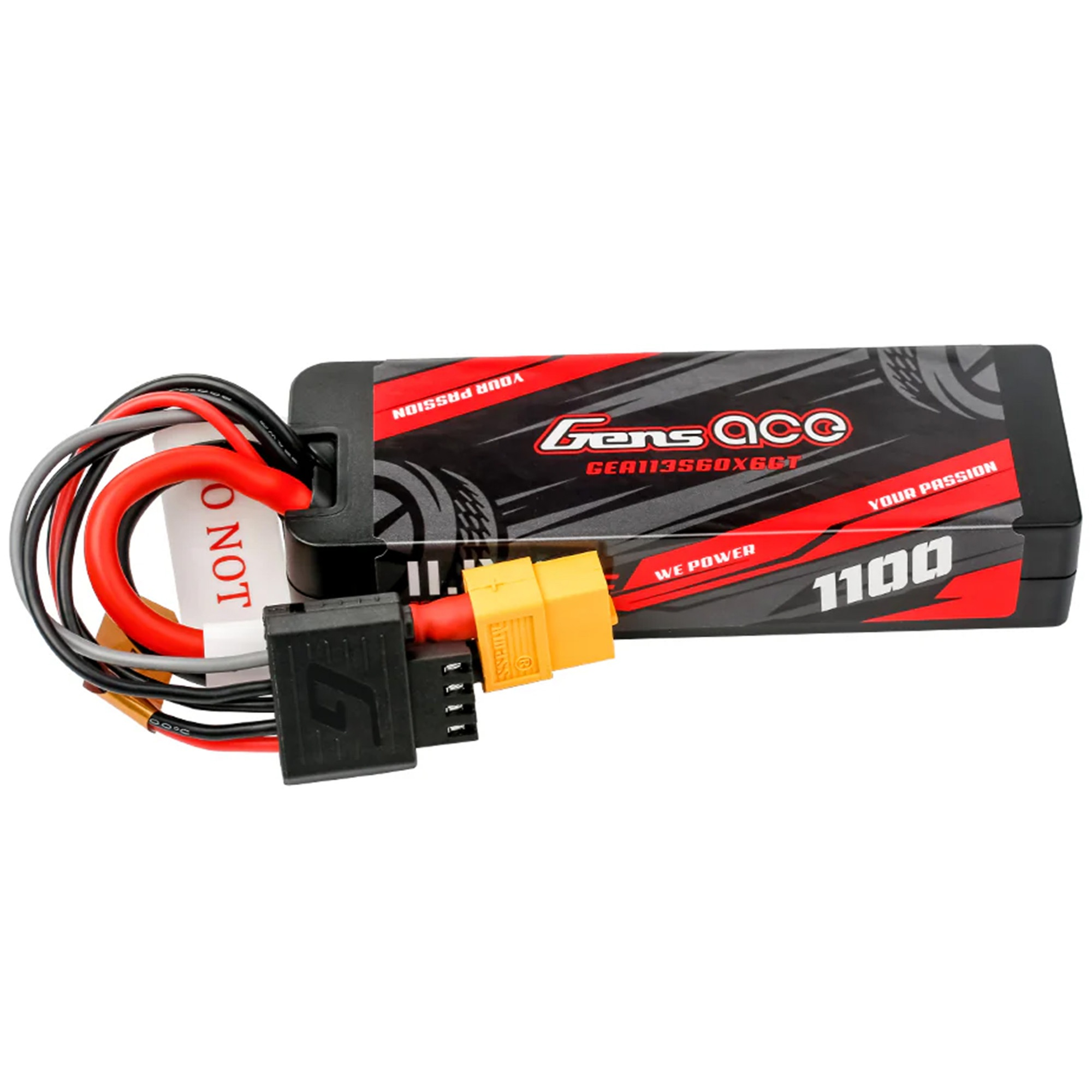 Bateria LiPo Gens Ace 1100mAh z czerwono-czarnym wzorem i przewodami.