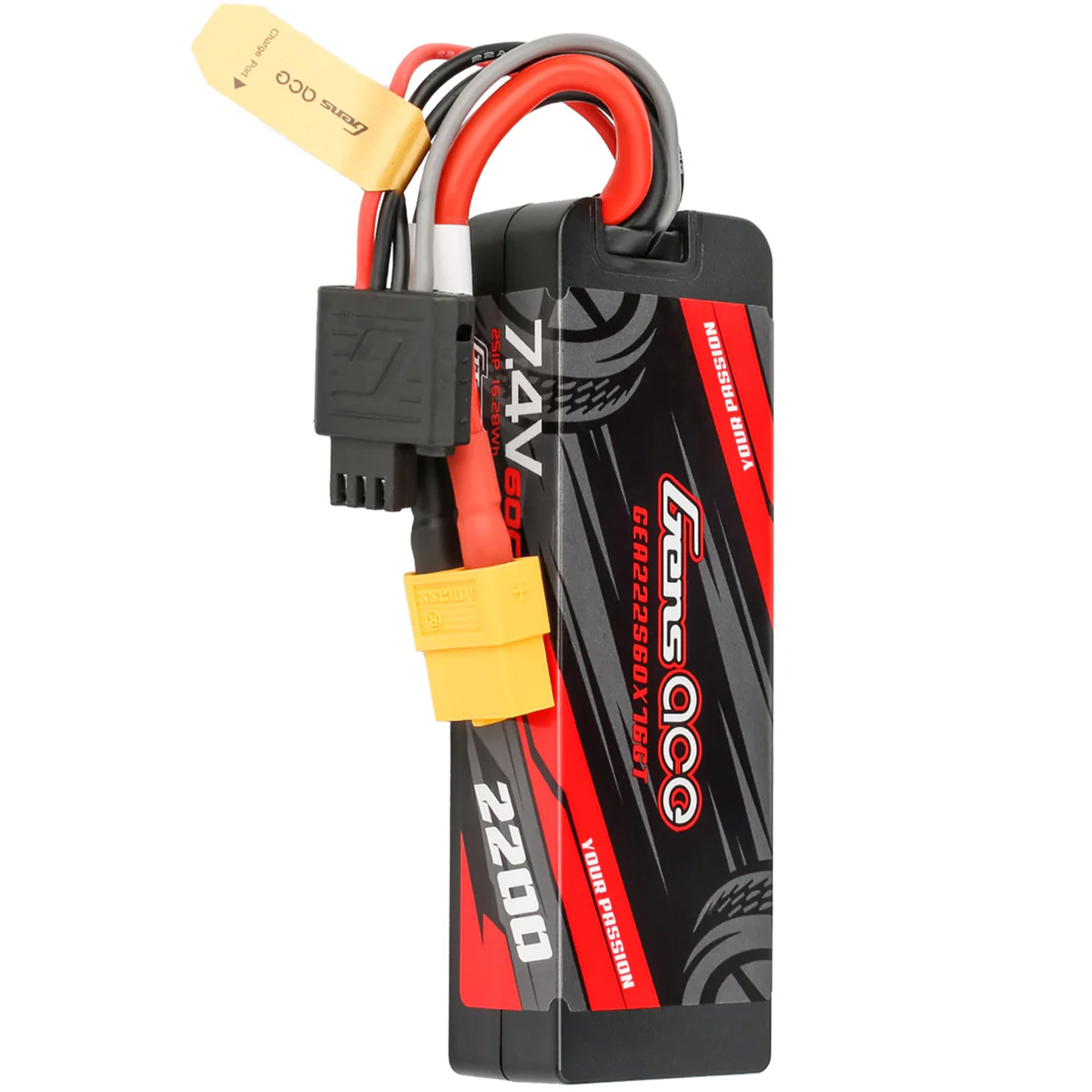 Czarna bateria LiPo Gens Ace 7,4V 2200mAh z czerwonymi i szarymi przewodami.