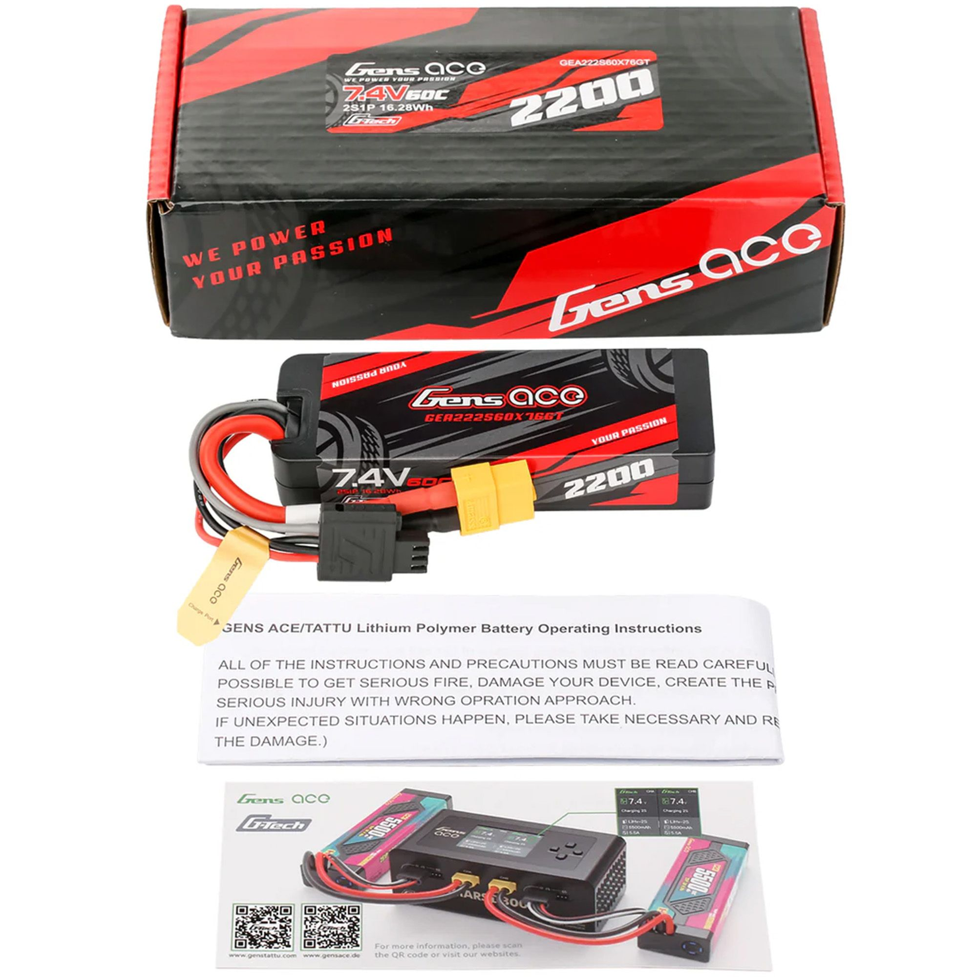 Bateria LiPo Gens Ace 7.4V 2200mAh z instrukcją i ładowarką.