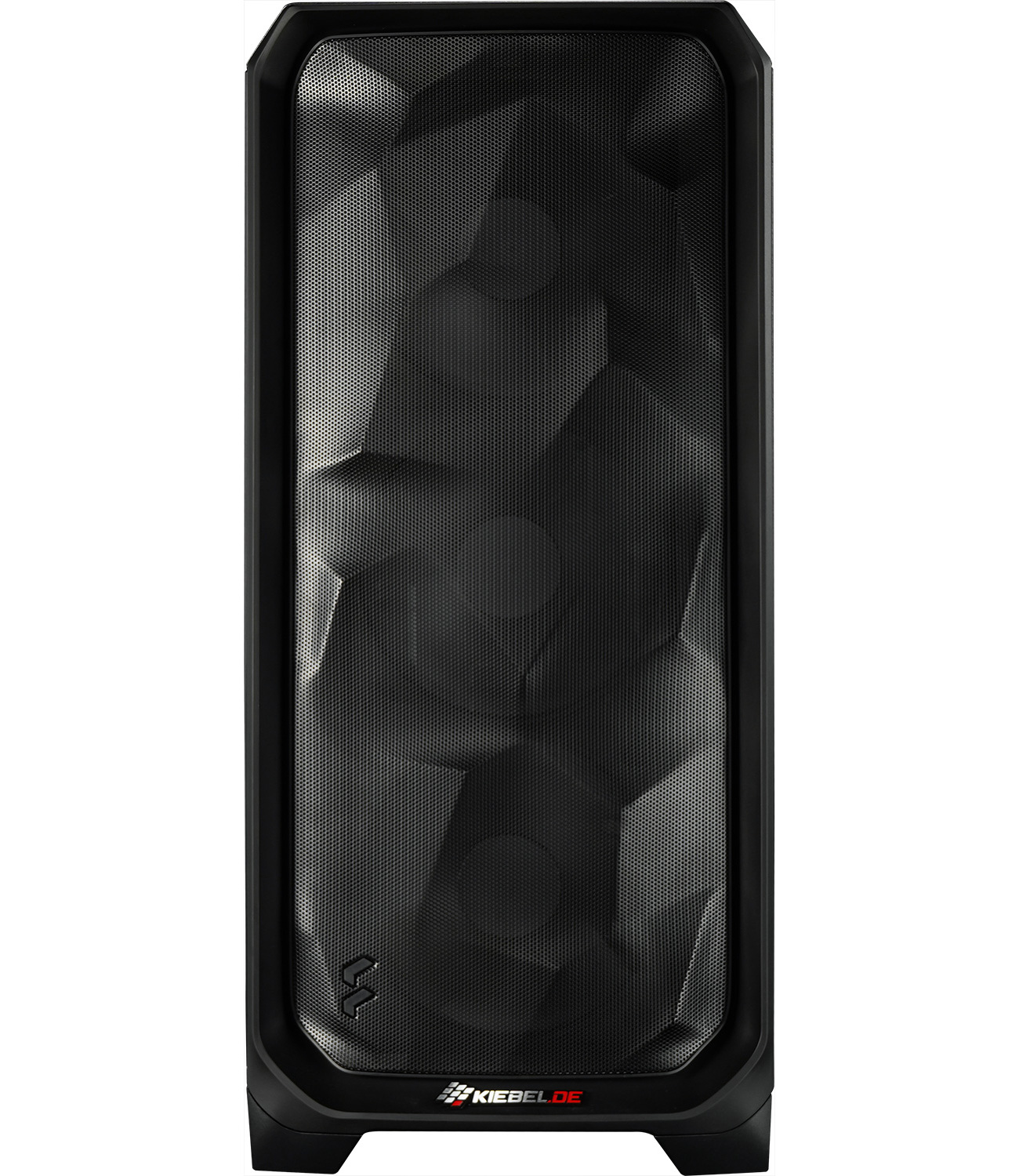 Black speaker with a honeycomb grille and geometric pattern.