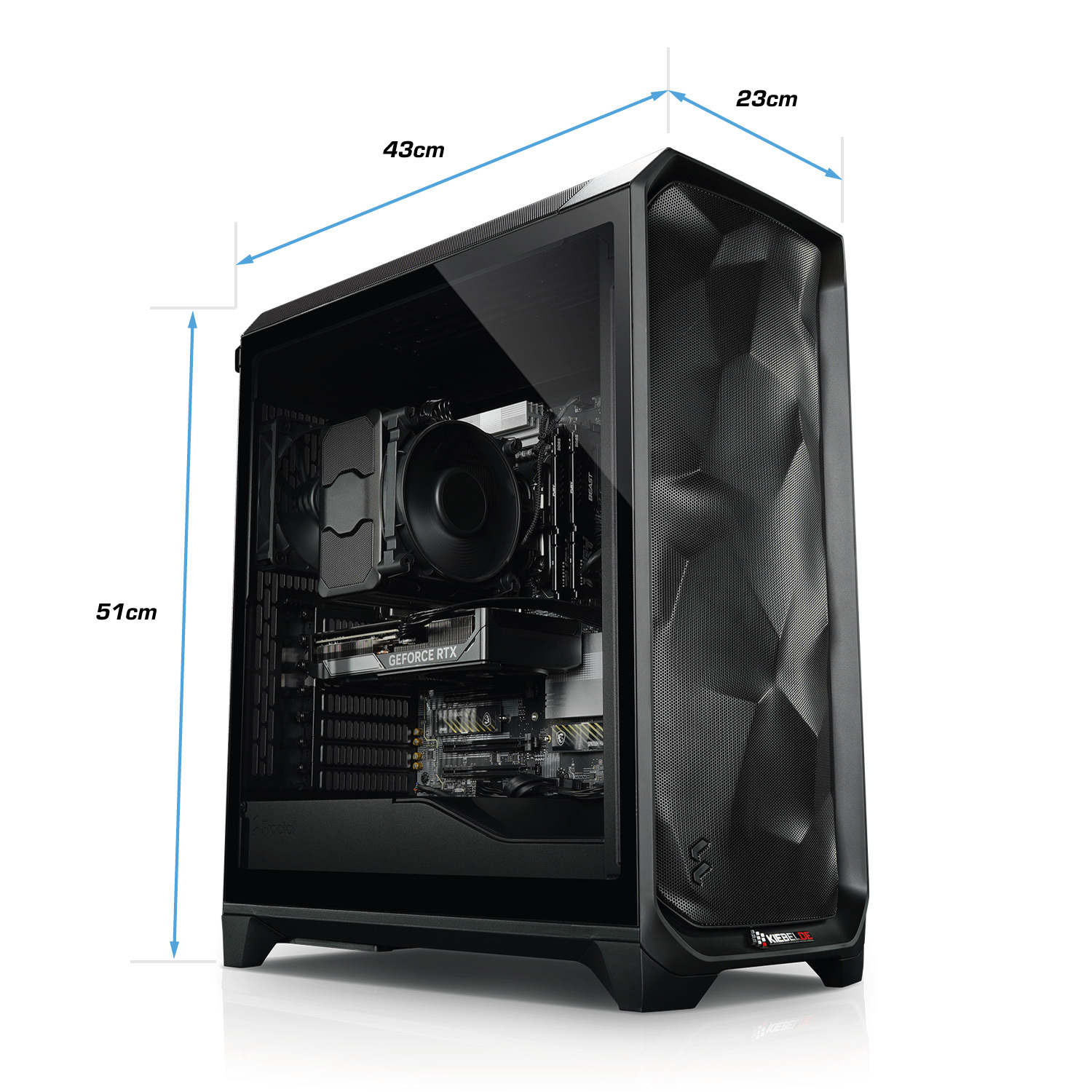 A black computer tower, 51cm high, 43cm long, and 23cm wide, with a clear side panel.