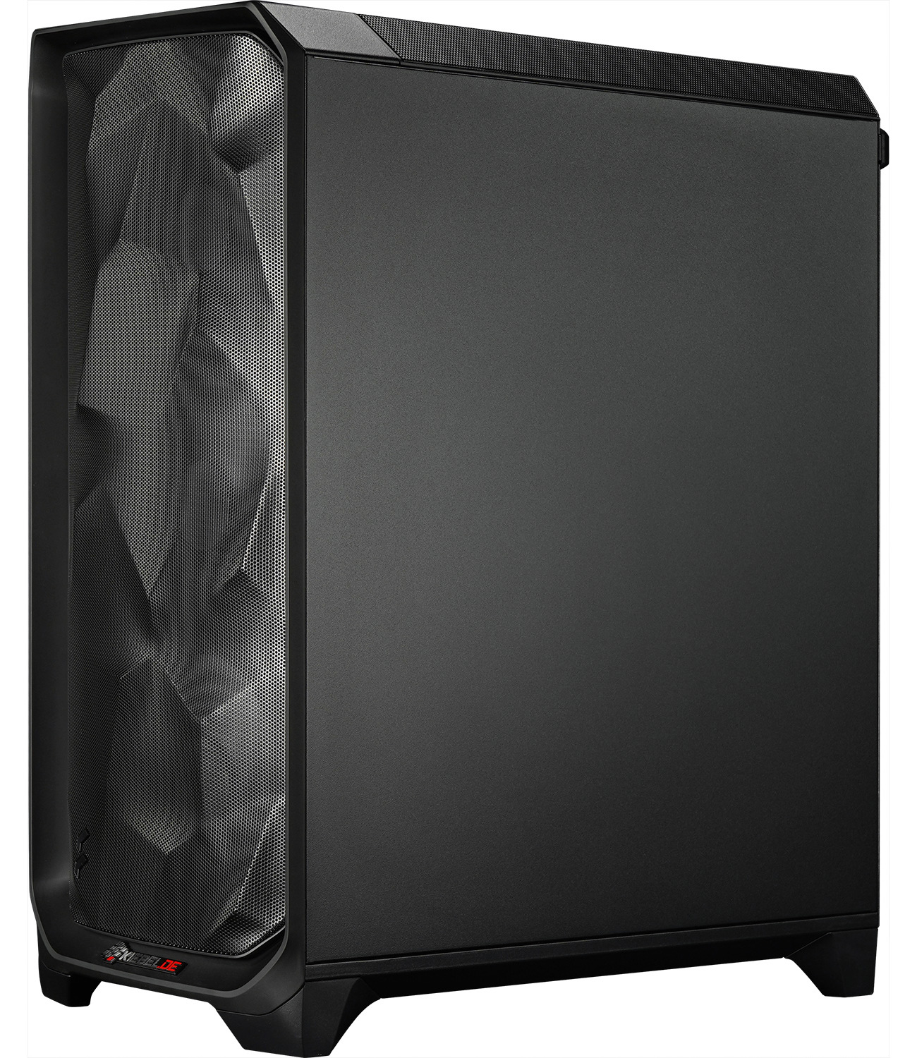 A black computer case with a faceted mesh front panel and a smooth right side panel.