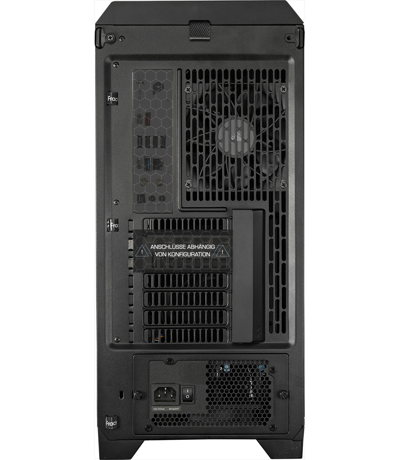 Back of a black PC case showing ports, fan, and power supply unit.