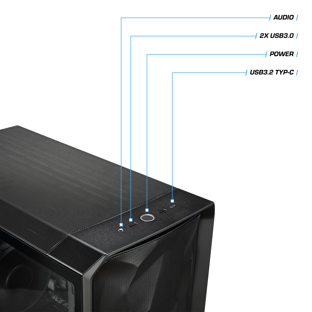 Nahaufnahme eines schwarzen Computergehäuses mit Anschlüssen: Audio, 2x USB3.0, Power, USB3.2 Typ-C.