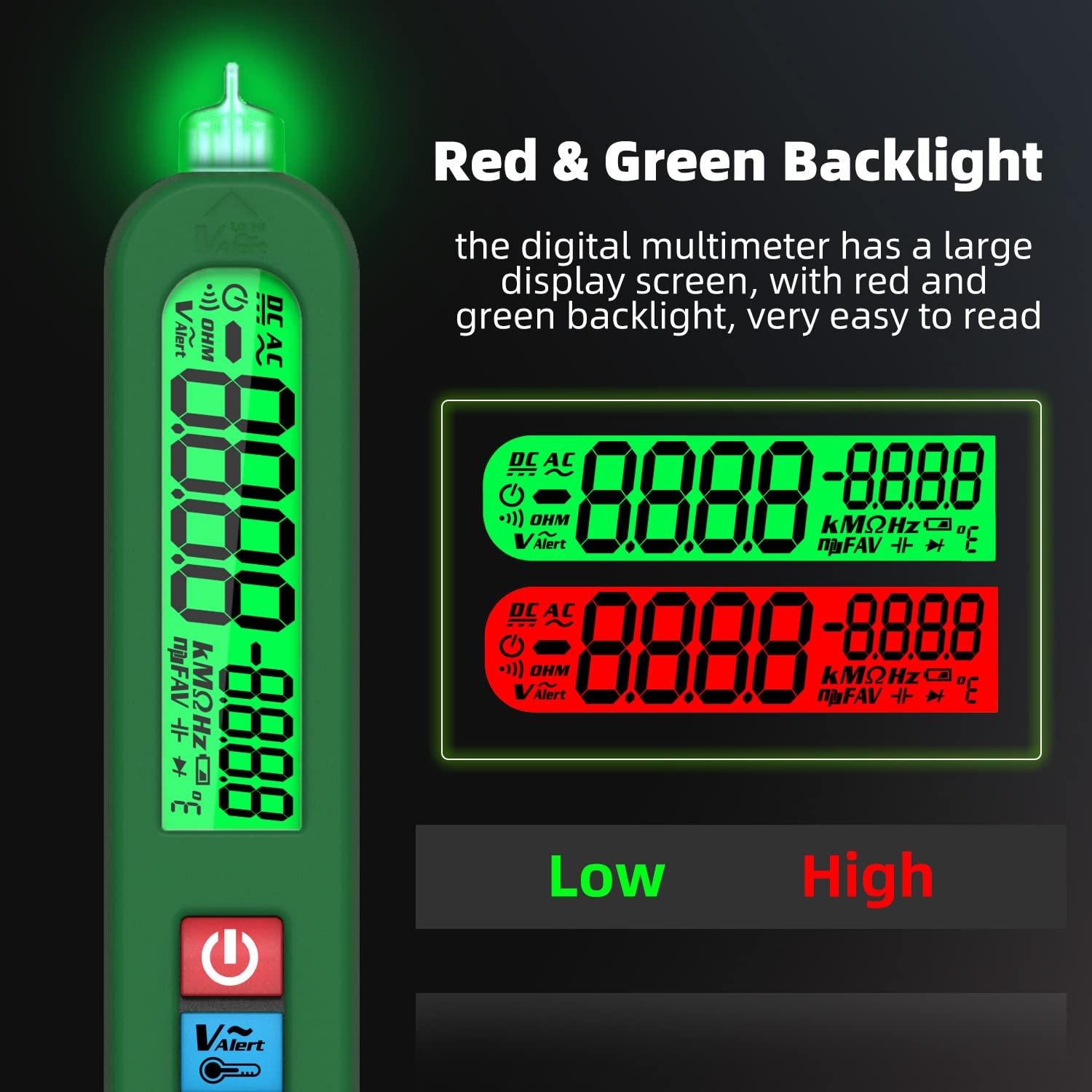 Grüner digitaler Multimeter mit beleuchtetem Display, zeigt 8888-8888.