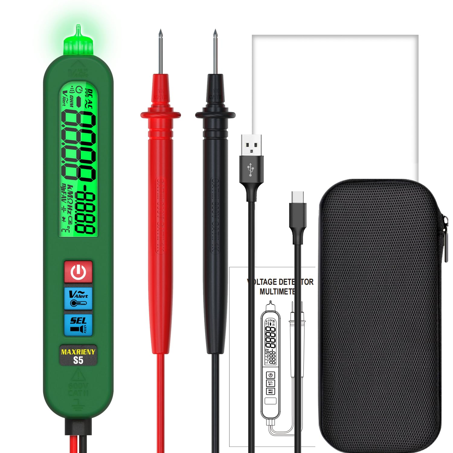 Ein grünes Digitalmultimeter mit Messspitzen, Kabeln und einer schwarzen Tasche.