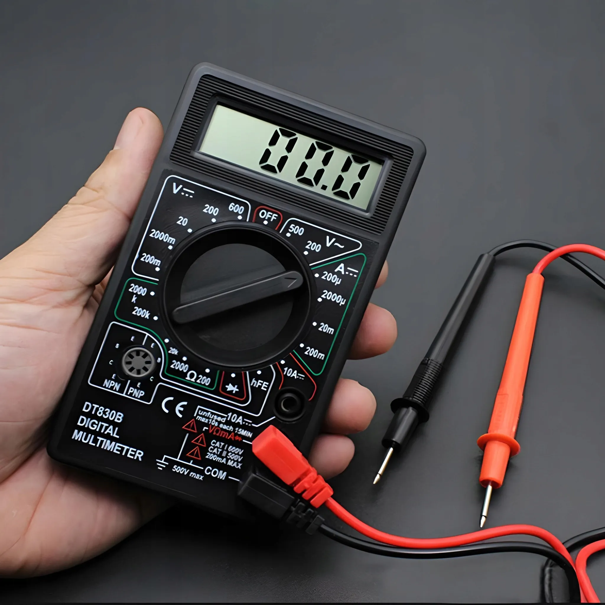 Ein schwarzes Multimeter mit roten und schwarzen Messleitungen wird in einer Hand gehalten.