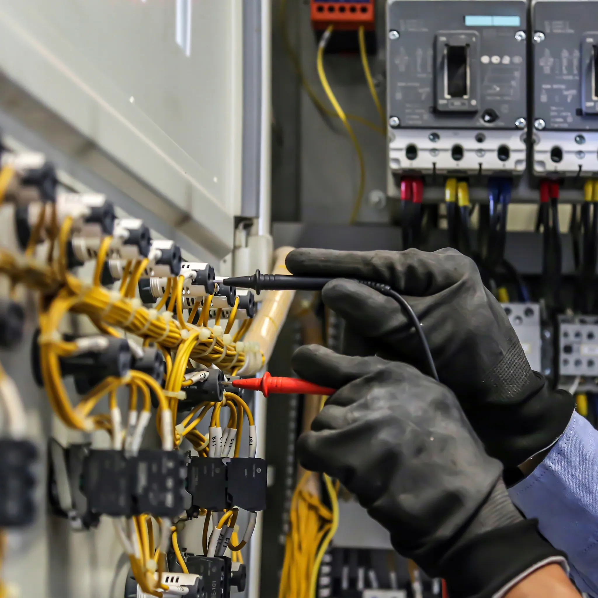 Hände in schwarzen Handschuhen messen elektrische Verbindungen mit Prüfspitzen.