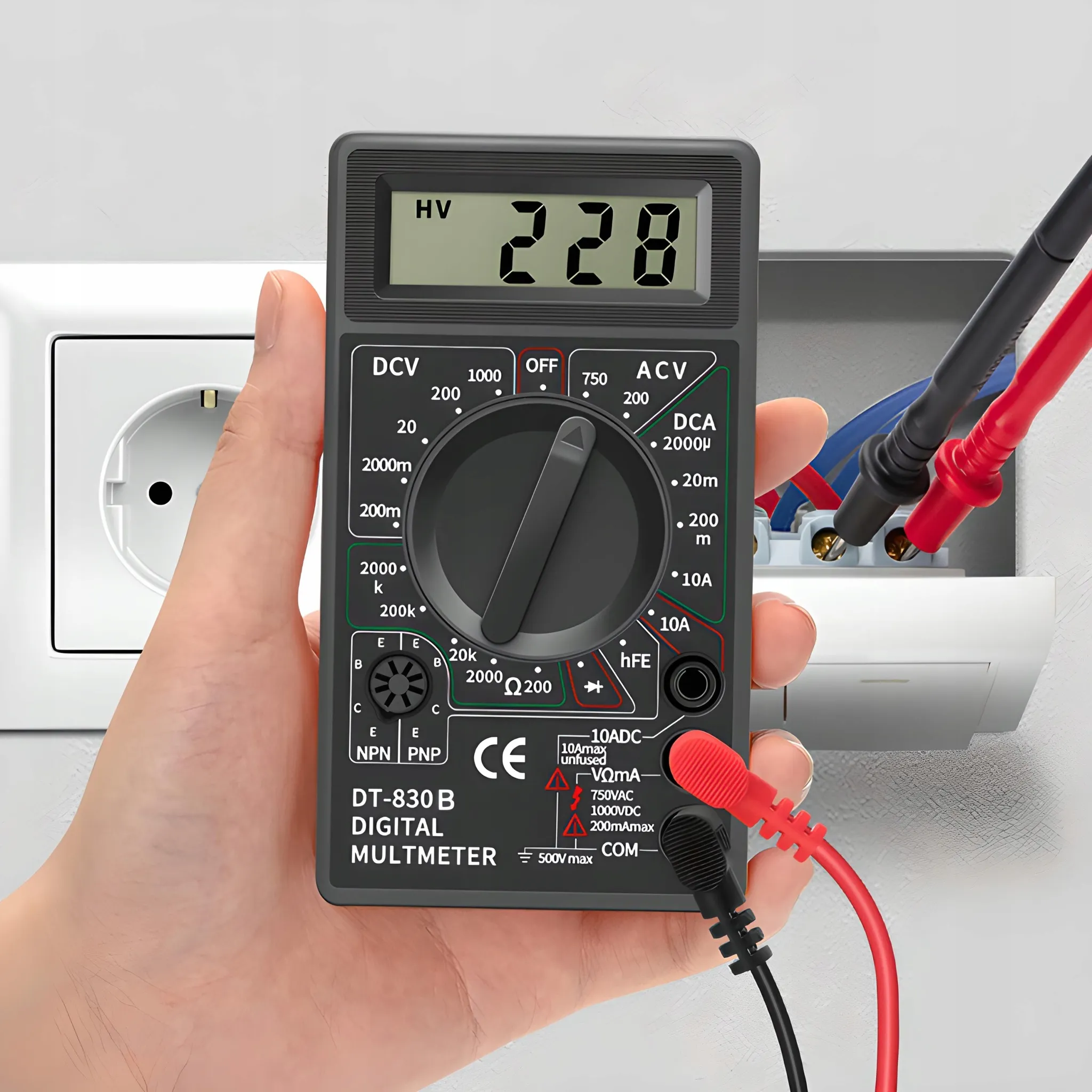Eine Hand hält ein Digitalmultimeter mit der Anzeige 228, nahe einer Steckdose und Kabeln.