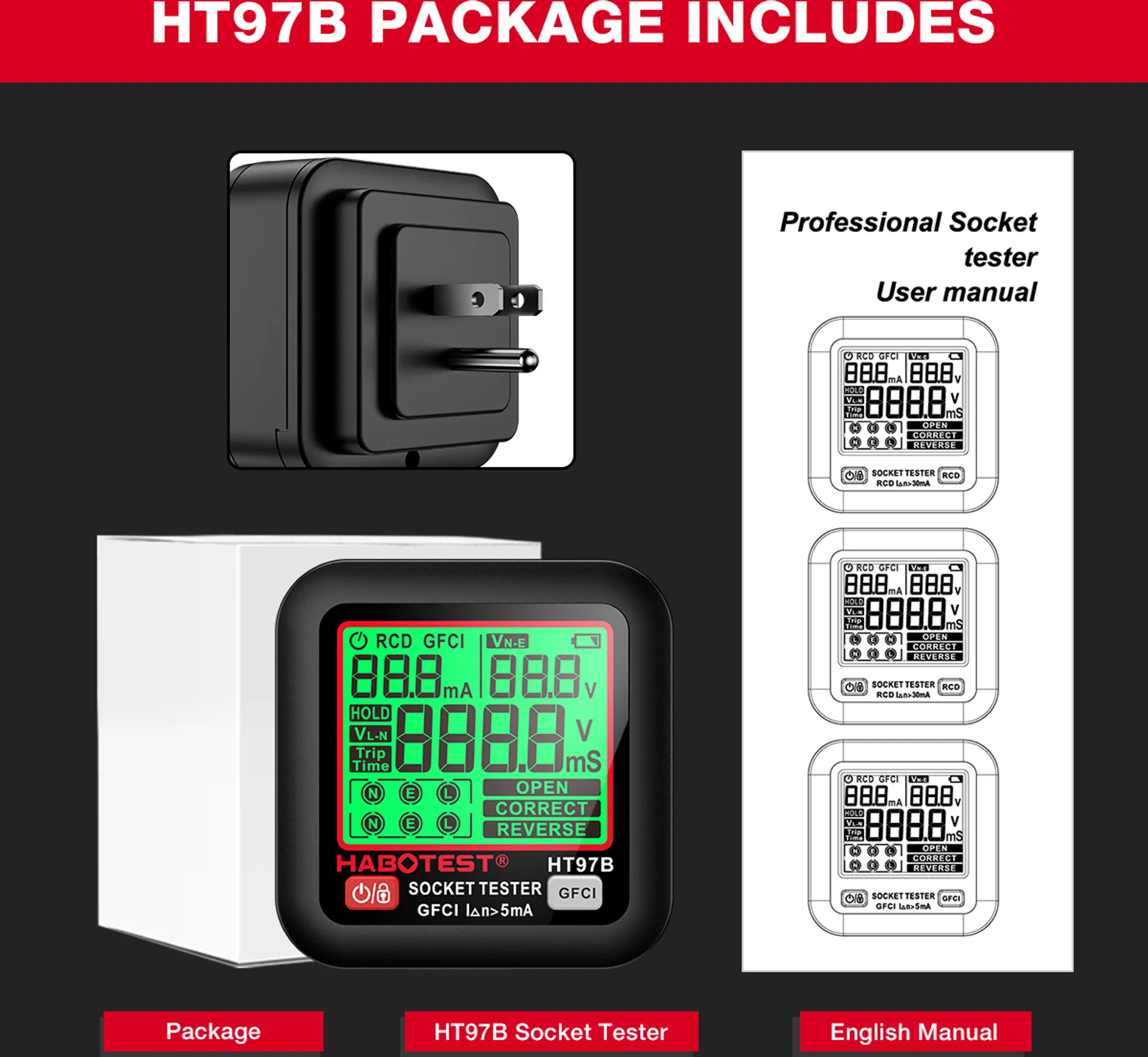 Lieferumfang: HT97B-Sockel-Tester, Netzstecker-Adapter, Anleitung.