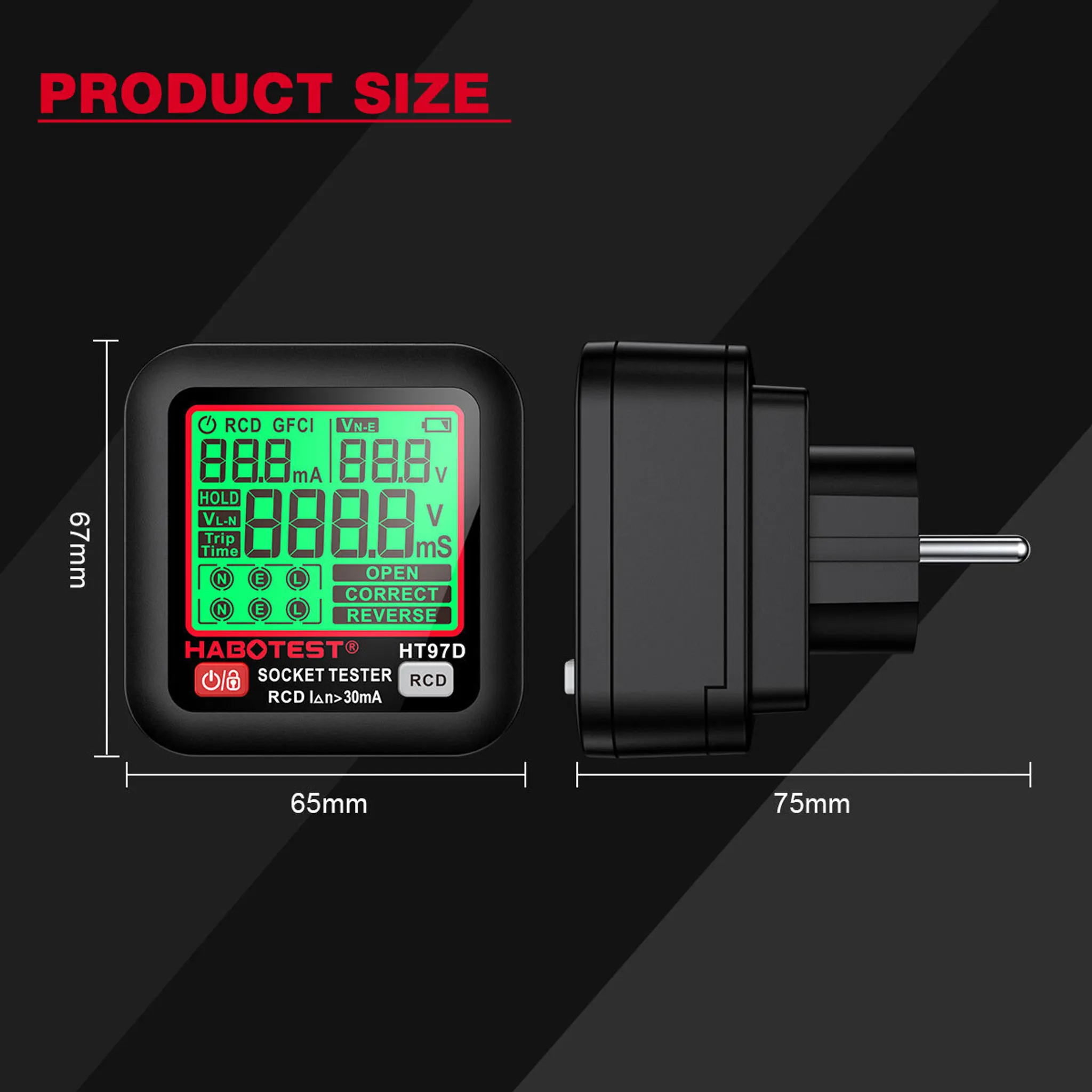 Ein schwarzer Steckdosentester mit LCD-Bildschirm, 65mm breit und 67mm hoch.