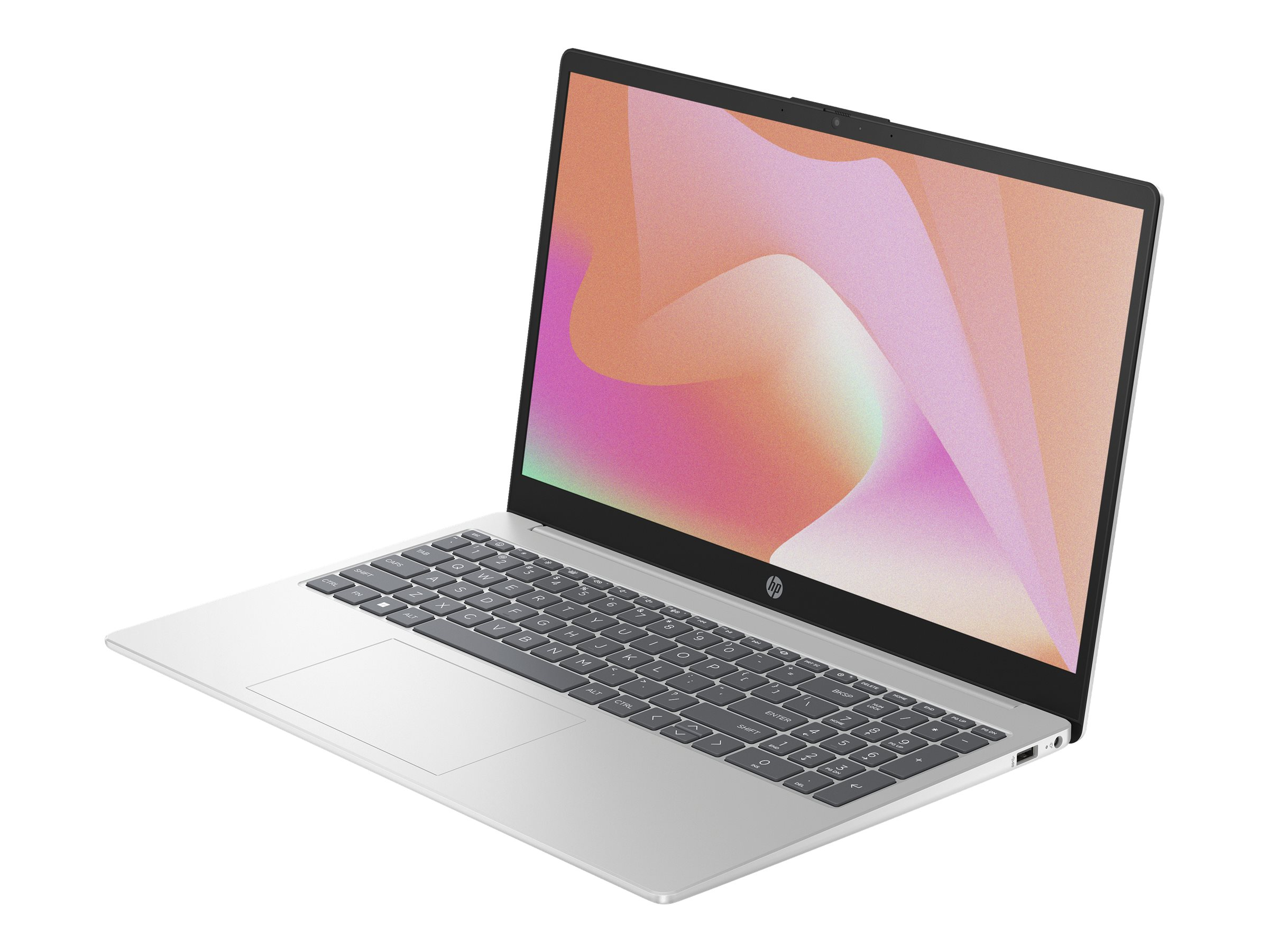 Ein silberner Laptop mit einem abstrakten, bunten Hintergrund auf dem Bildschirm.