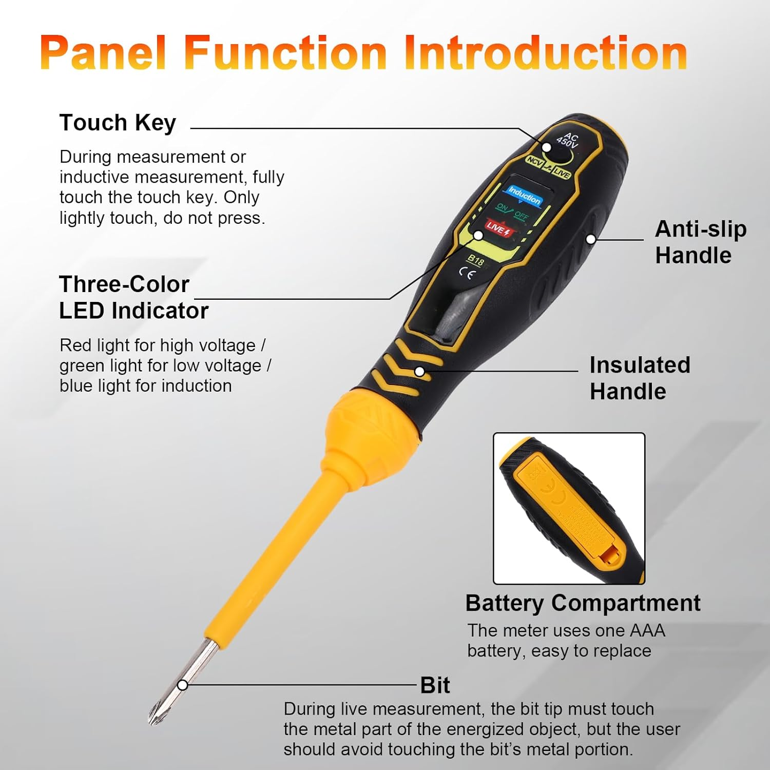 Einleitung zur Panel-Funktion mit einem Spannungsprüfer mit drei Farben LED und Anti-Rutsch-Griff.