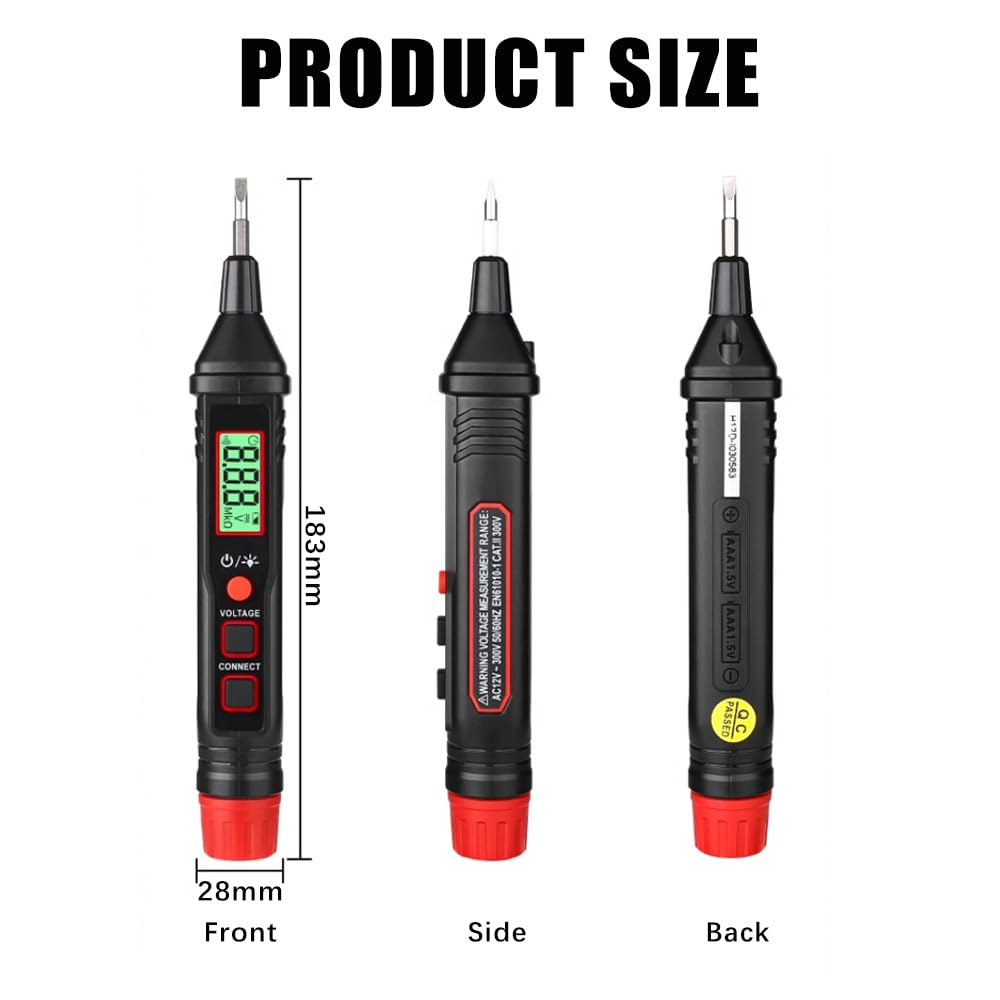 Produktgröße: 183mm Höhe, 28mm Breite. Vorder-, Seiten-, Rückansicht eines schwarzen Spannungsprüfers.