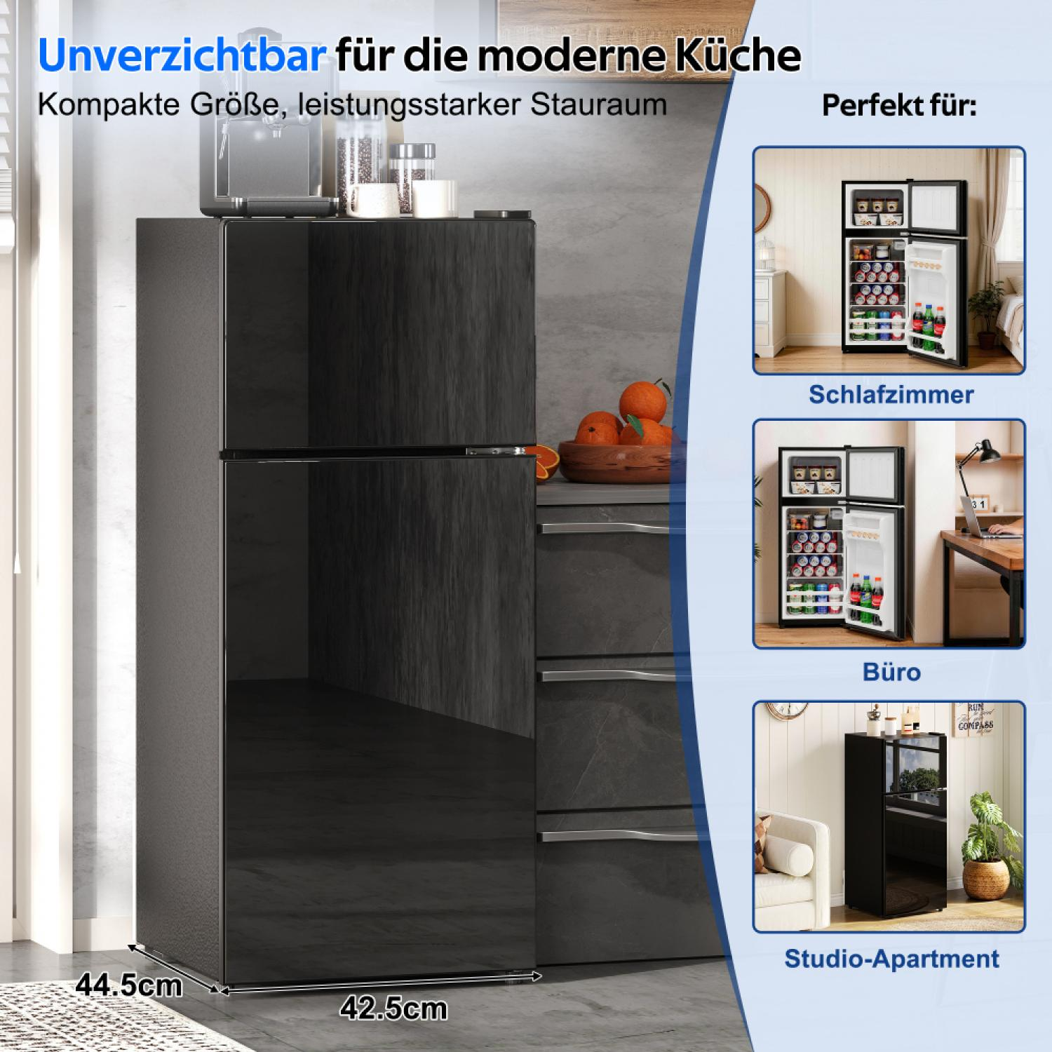 Schwarzer Kühlschrank mit Maßen 44,5x42,5cm, daneben Küchenutensilien.