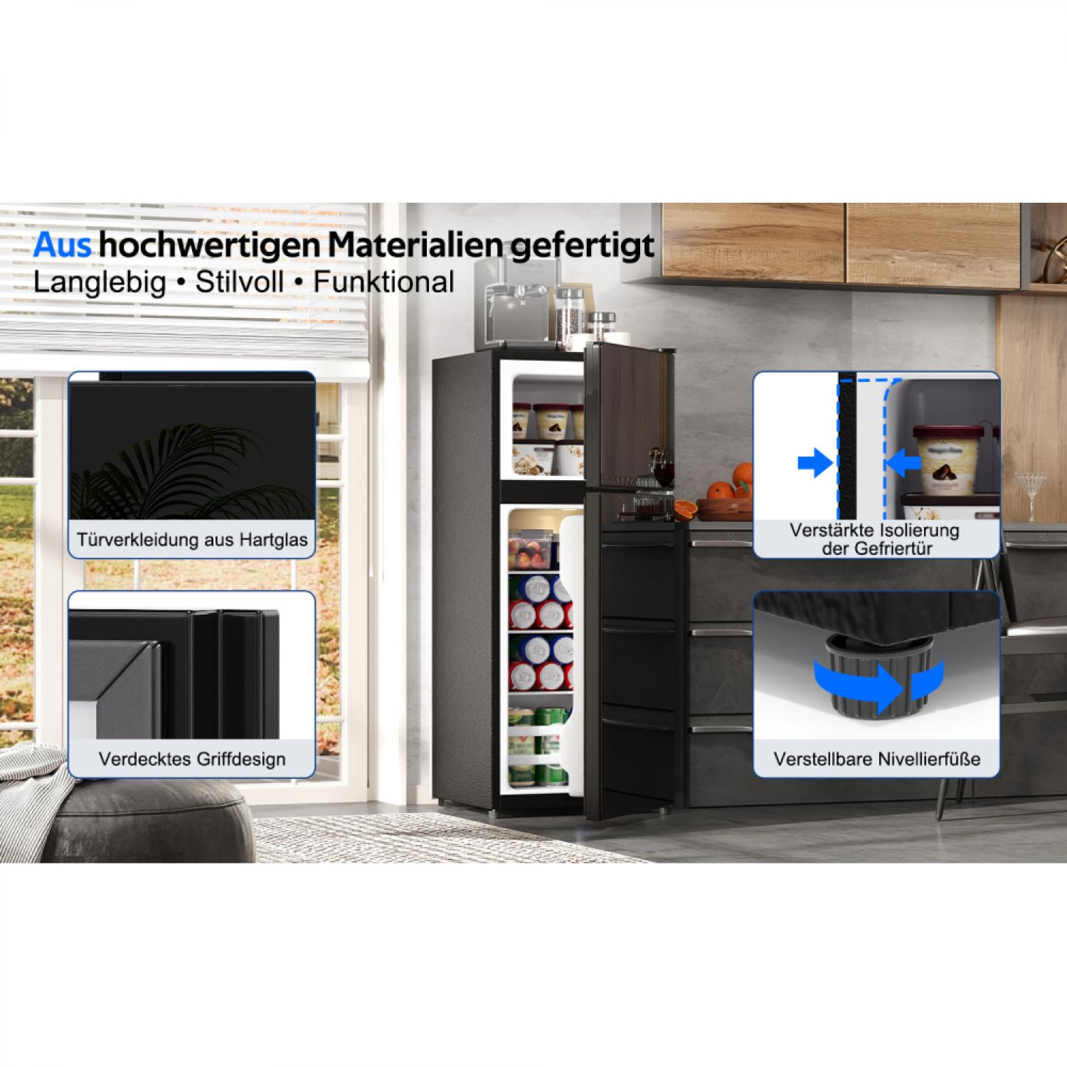Ein Kühlschrank mit Details: Hartglas, Griff, Isolierung & Nivellierfüße.