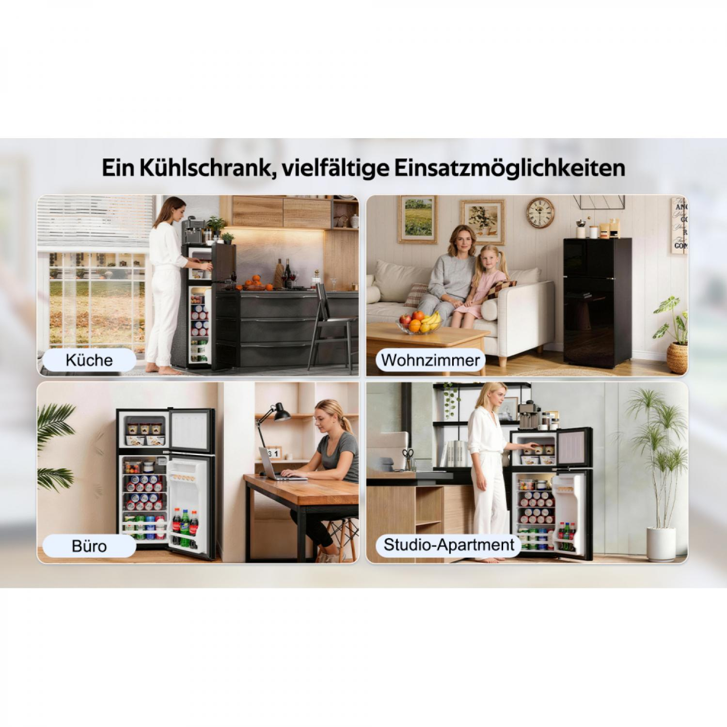 Collage zeigt einen Kühlschrank in Küche, Wohnzimmer, Büro und Studio-Apartment.
