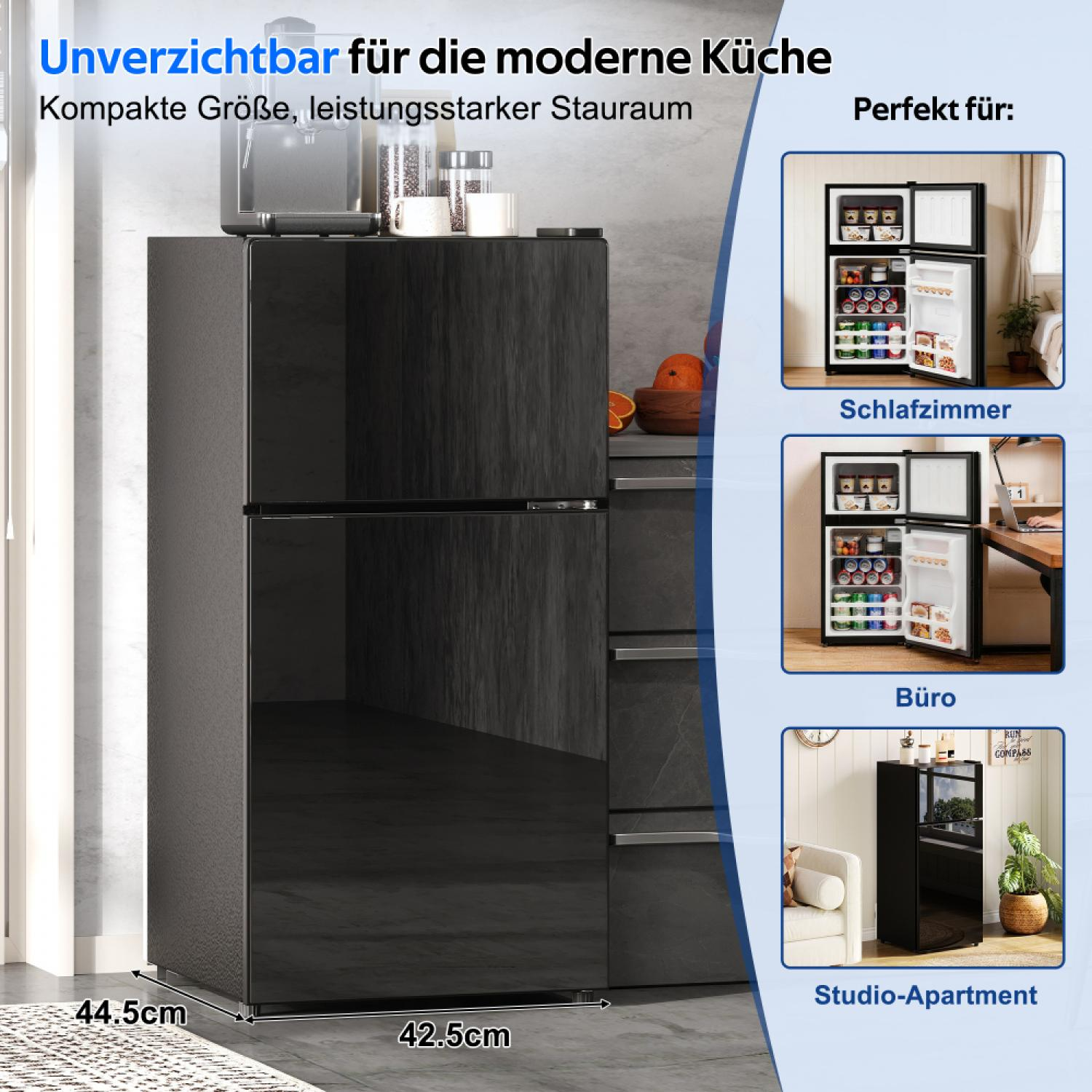 Schwarzer Kühlschrank mit Glanzfront, daneben Bilder von Einsatzorten.