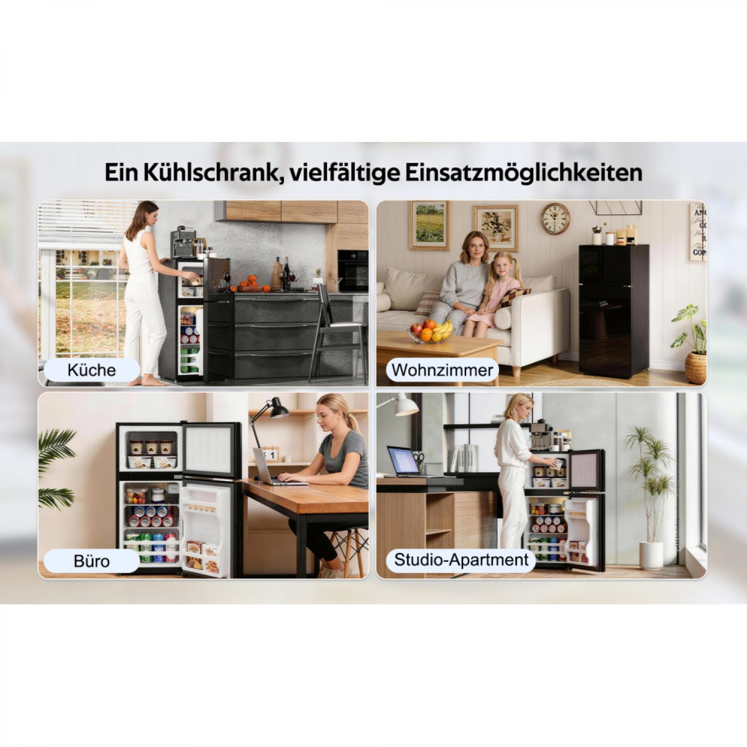 Vier Szenen zeigen einen kleinen schwarzen Kühlschrank in verschiedenen Räumen.
