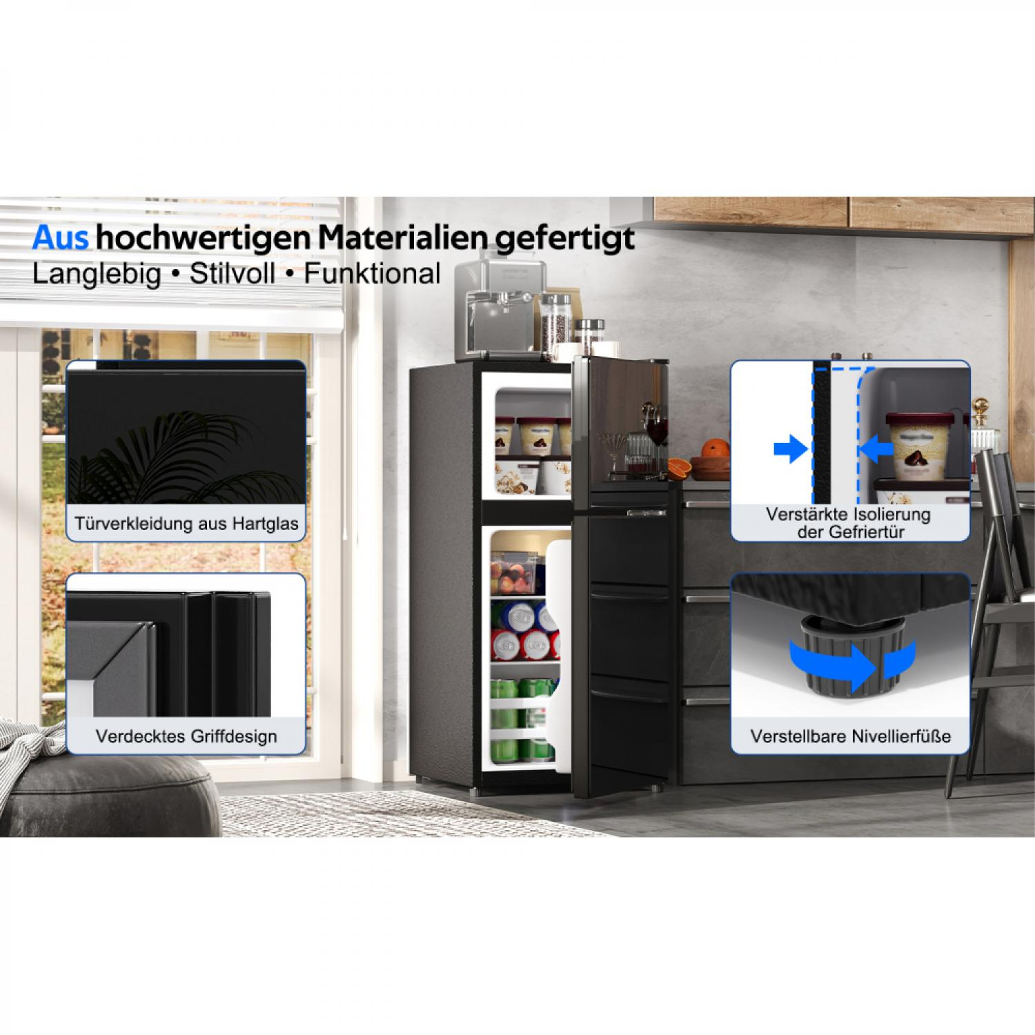 Ein schwarzer Kühlschrank mit gefüllten Fächern und Detailbildern.