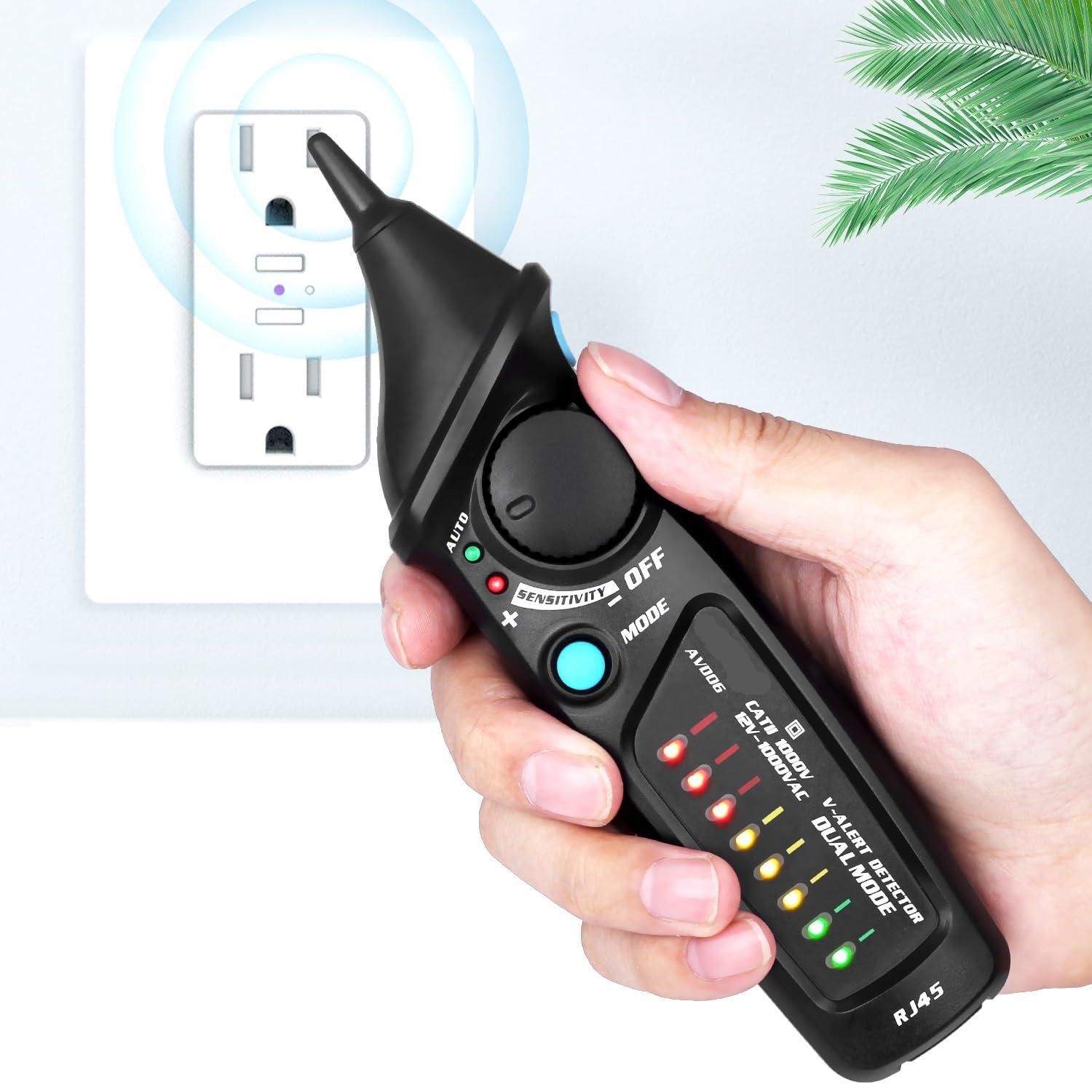 Ein schwarz-elektrischer Spannungsdetektor wird in der Hand gehalten, neben einer Steckdose.