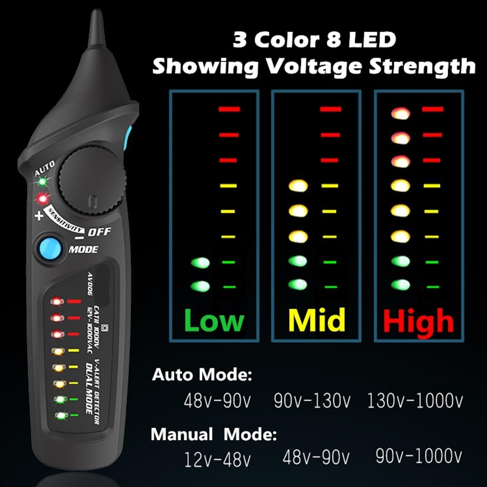 Ein schwarzes Spannungsprüfger-Tool mit 3 Messbereichen: Low, Mid, High.