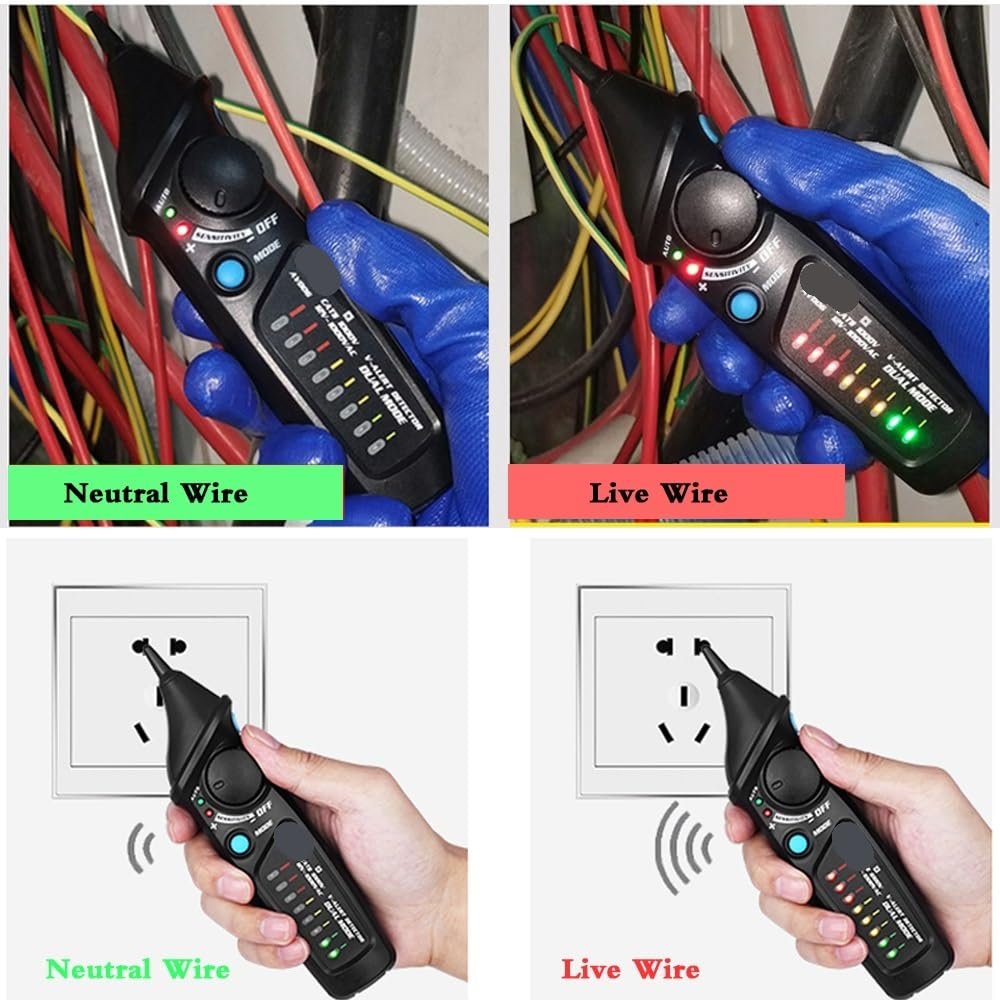 Ein Tester prüft Neutral- und stromführende Drähte in einem Kabel und einer Steckdose.