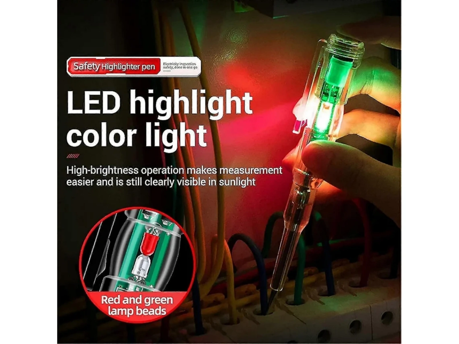 Eine Hand hält einen leuchtenden grünen LED-Stift in der Nähe von Elektrokabeln. Rote und grüne Lichter sind sichtbar.