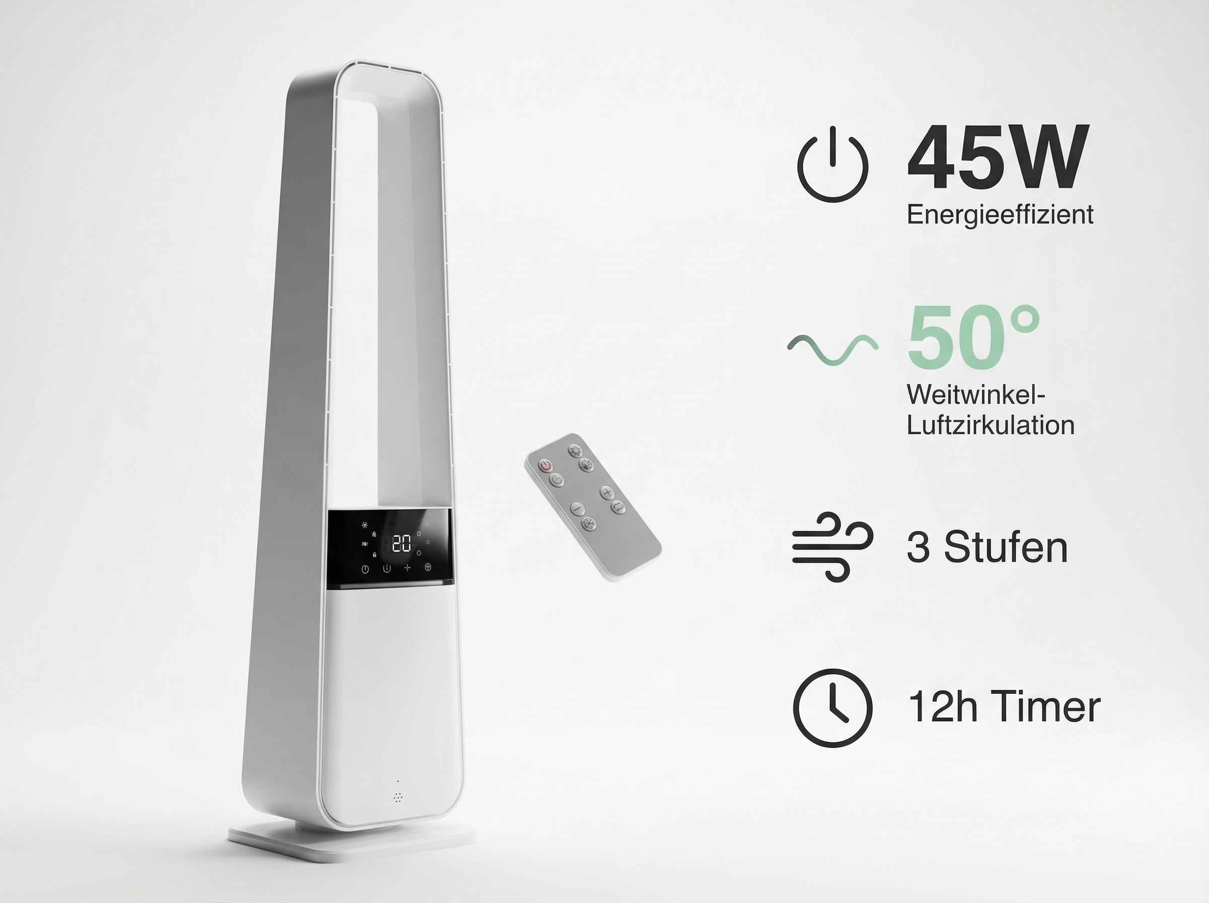 Ein weißer Turmventilator mit Fernbedienung und Icons für Leistung, Lüfter und Timer.