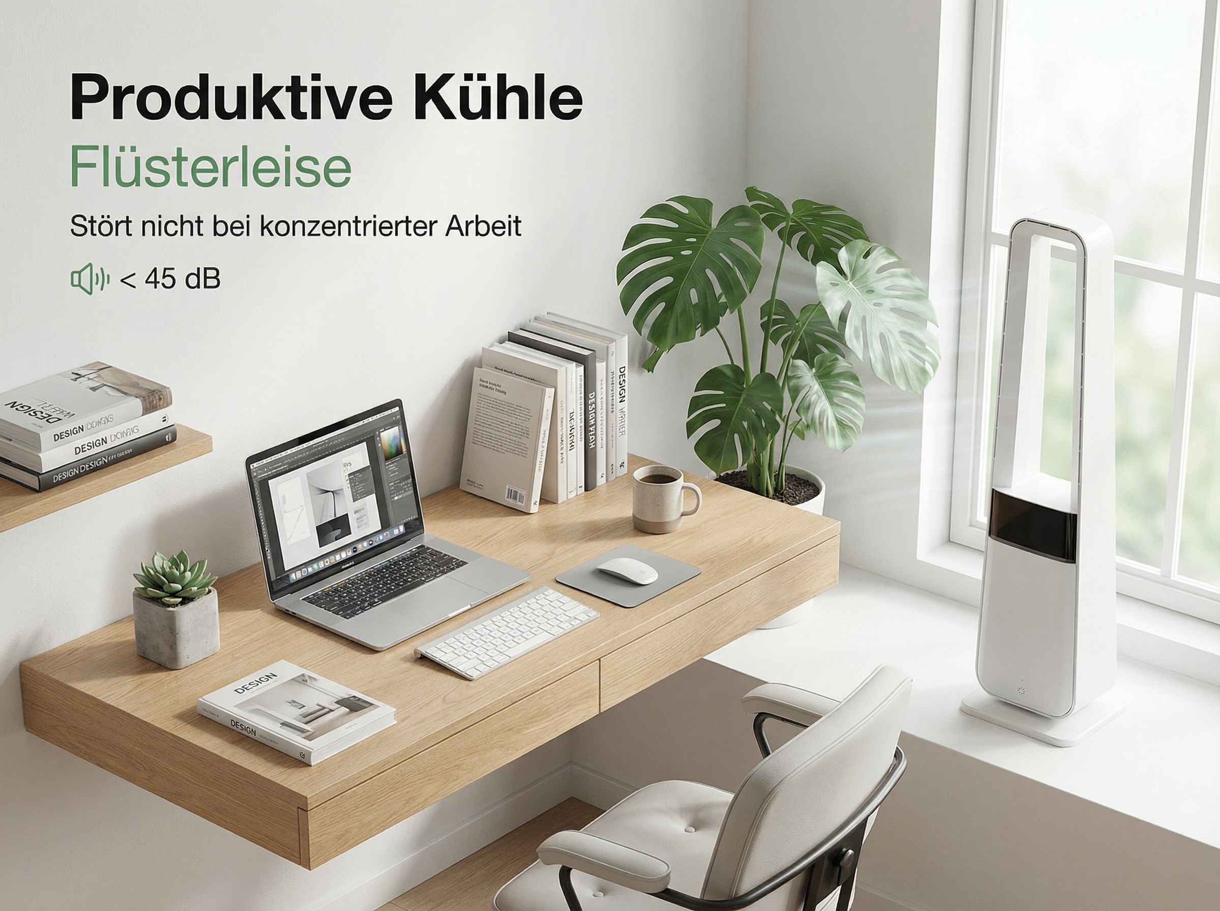 Schreibtisch mit Laptop, Tastatur, Maus und einem Ventilator neben einem Fenster.