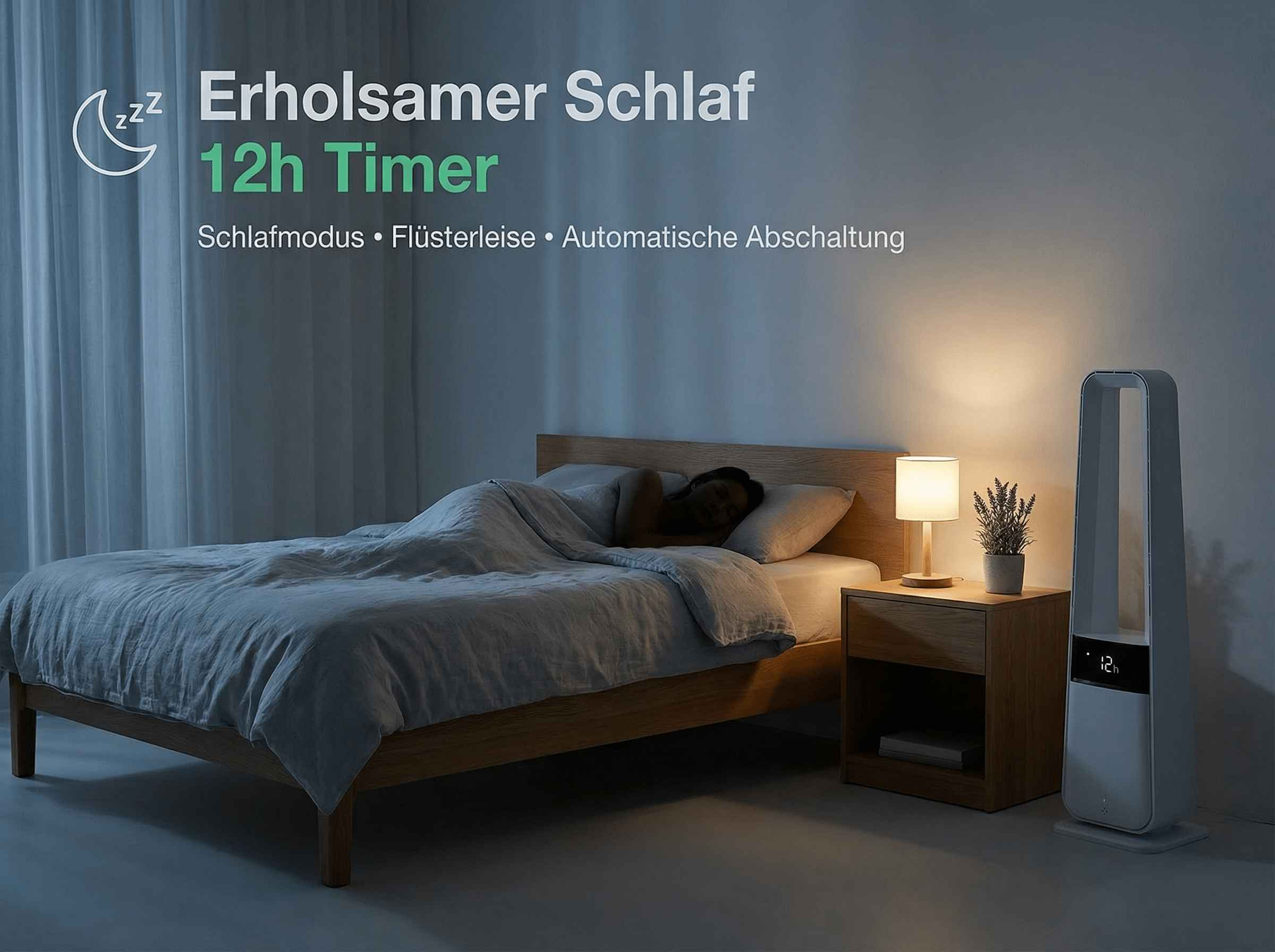 Ein Mann schläft im Bett, ein Nachttisch mit Lampe und ein Ventilator stehen daneben.