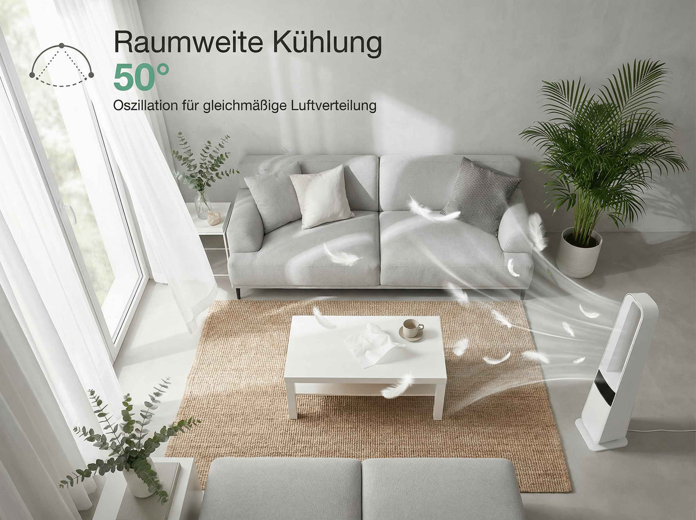 Ein moderner Wohnraum mit einem Ventilator, der Luft und Federn verteilt.