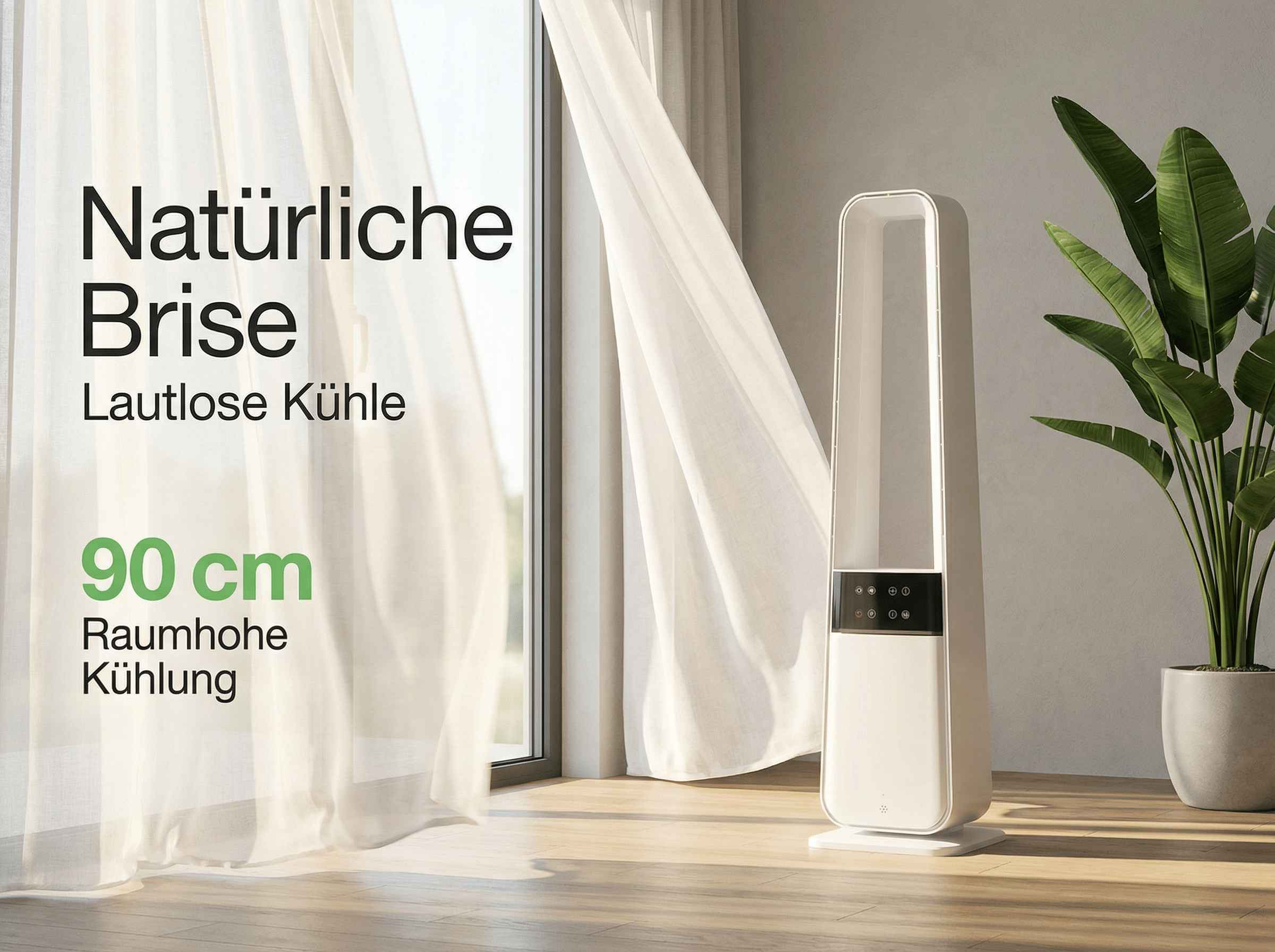Ein weißer Turmventilator steht neben einem Fenster mit weißen Vorhängen und einer Pflanze.