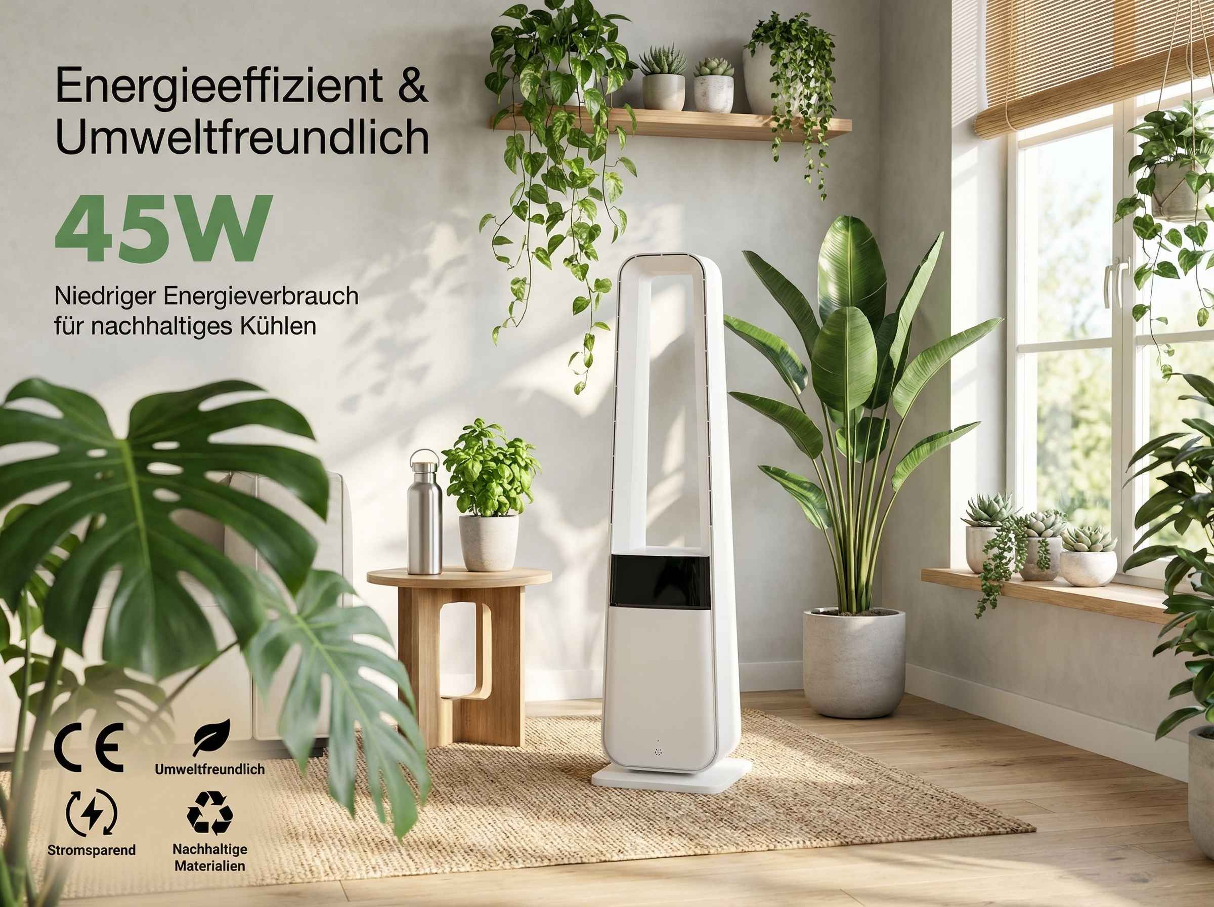 Ein weißer Turmventilator steht auf einem Teppich, umgeben von Pflanzen.