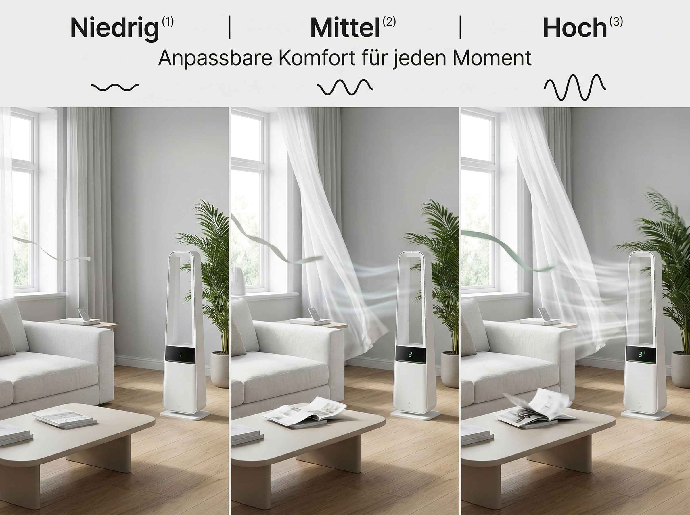 Ein moderner Standventilator in drei Stufen (Niedrig, Mittel, Hoch) in einem Wohnzimmer.