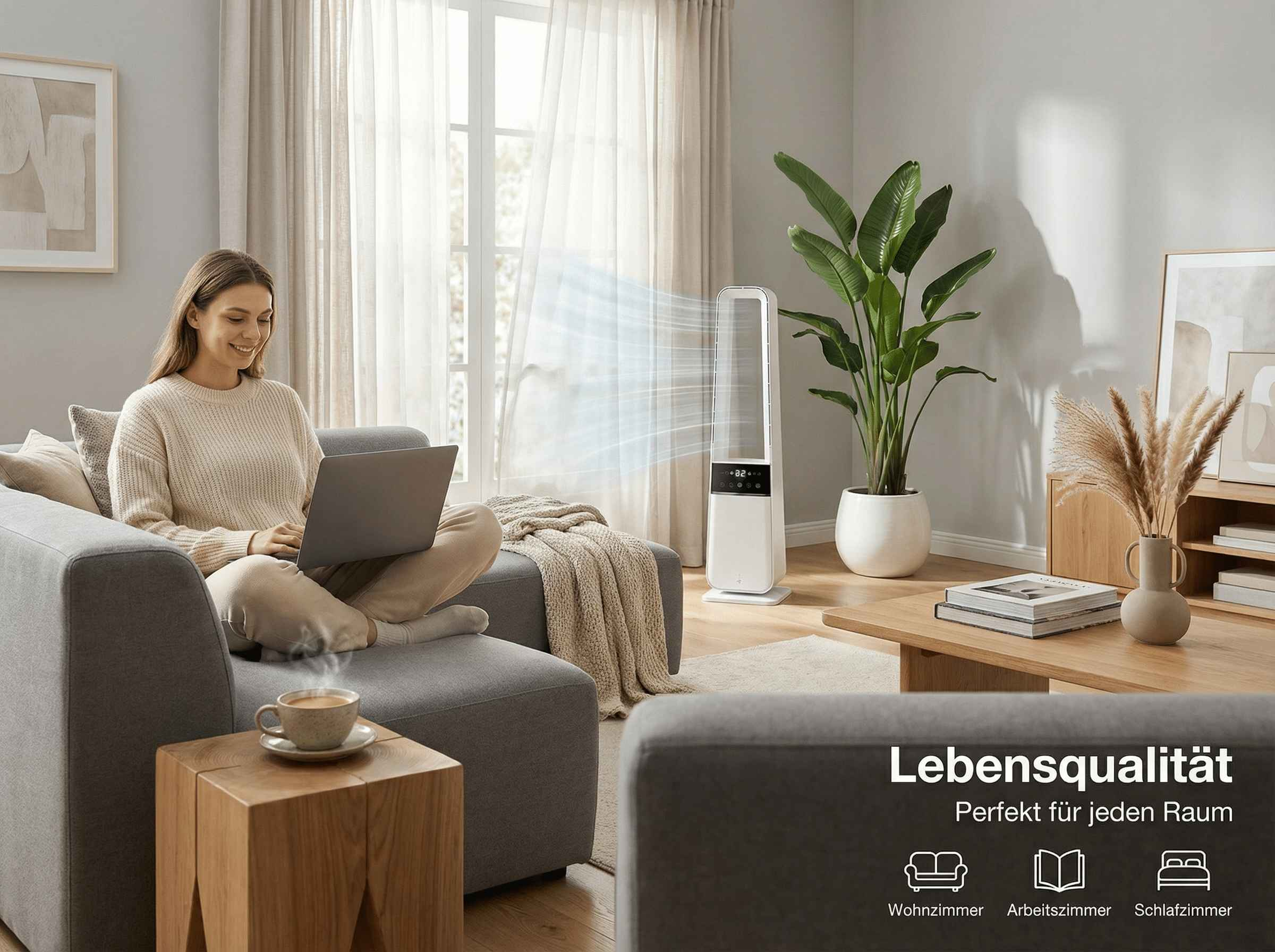 Frau sitzt auf Sofa mit Laptop, daneben ein Turmventilator und Pflanze.