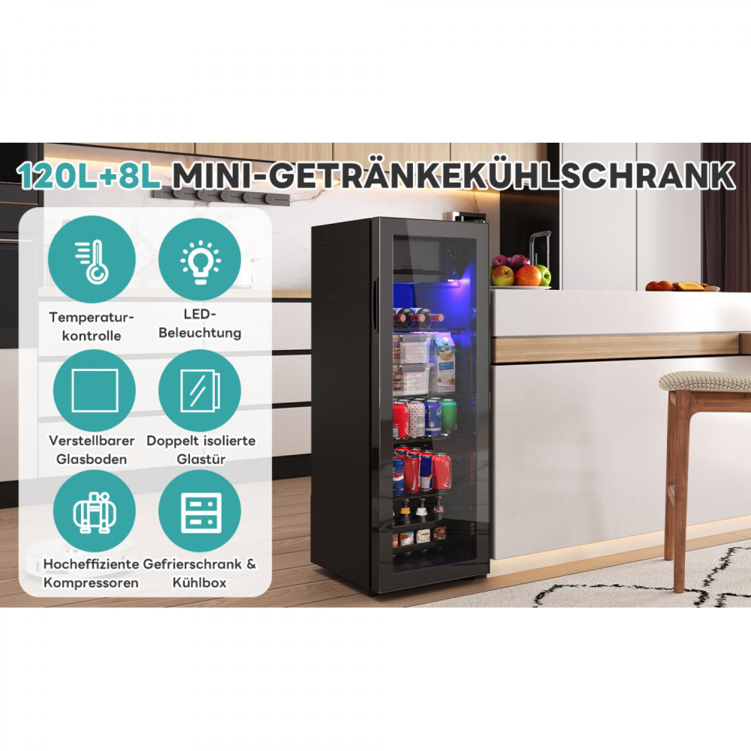 Ein 120L+8L Mini-Getränkekühlschrank mit LED-Beleuchtung und Glasboden.