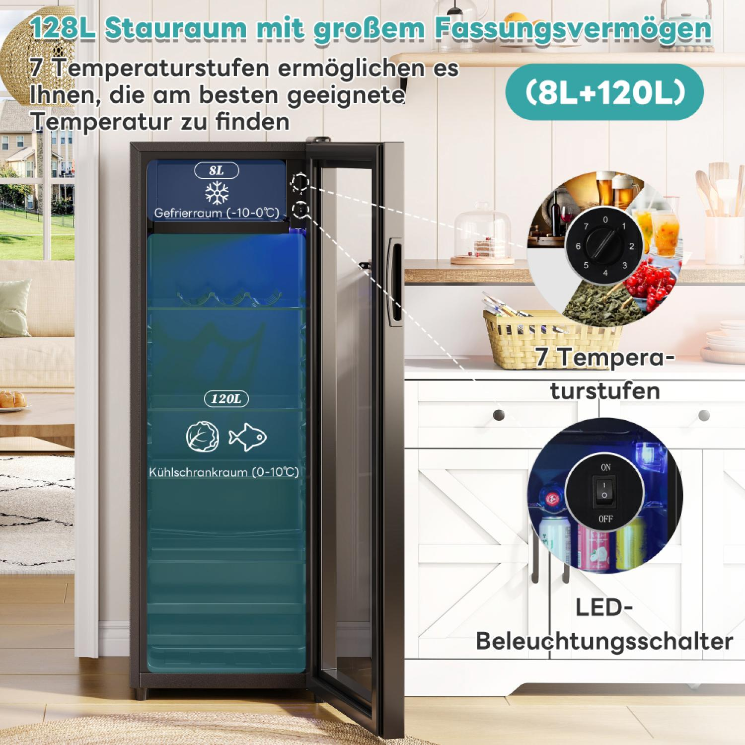 Ein 128L Kühlschrank mit 8L Gefrierfach und 120L Kühlabteil, 7 Temperaturstufen.