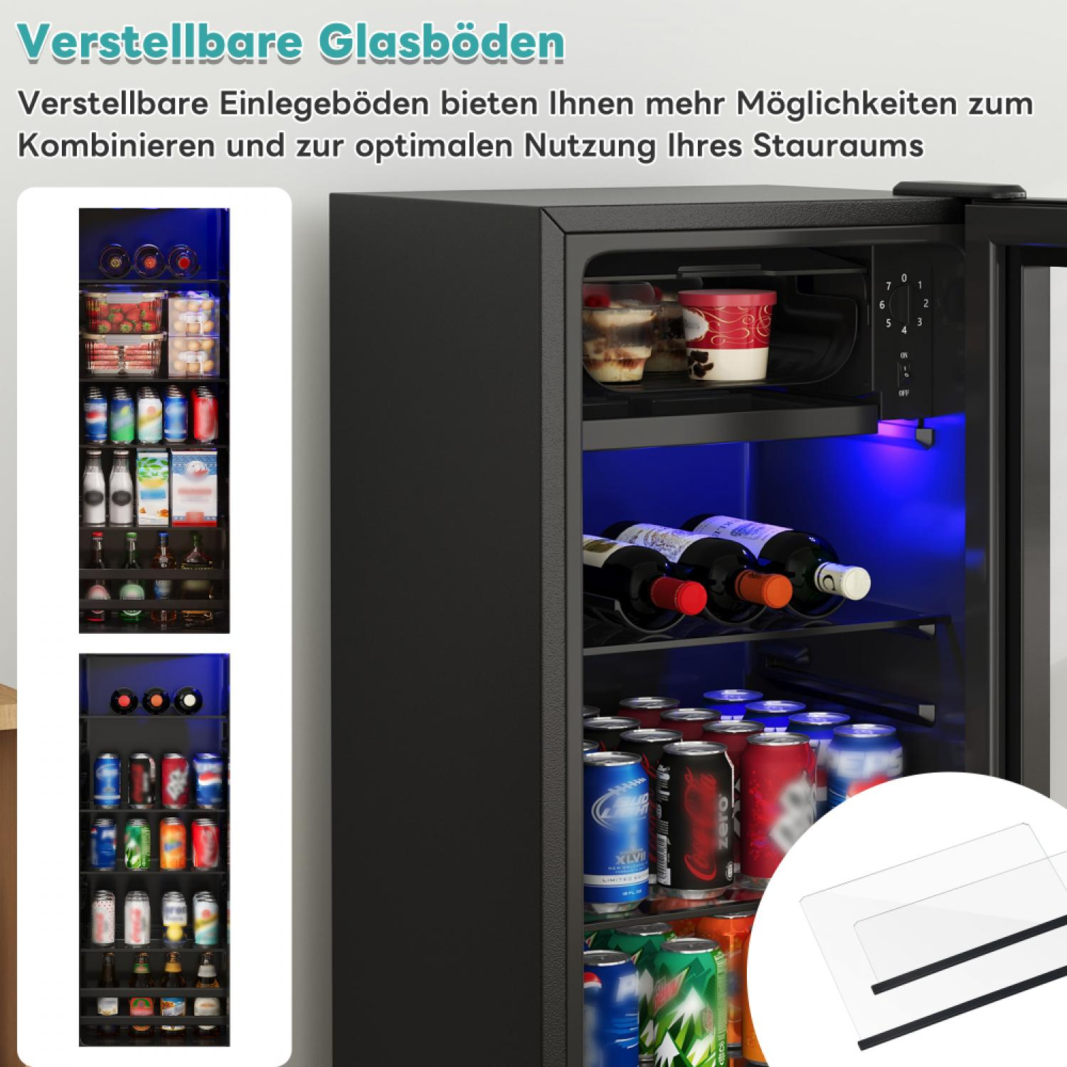Ein schwarzer Kühlschrank mit Glasböden, gefüllt mit Getränken und Lebensmitteln.