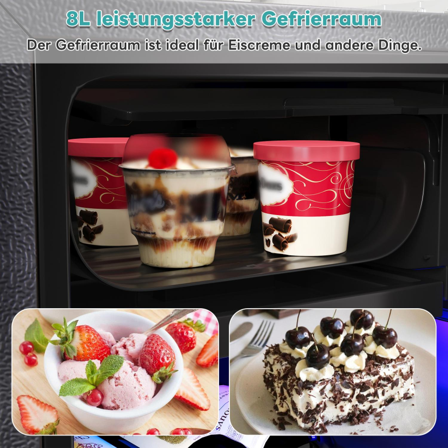 Gefrierfach mit Eiscreme, Erdbeeren und Kirschtorte.