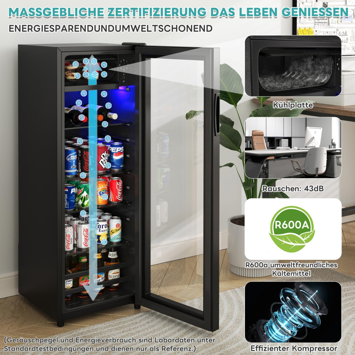 Ein schwarzer Kühlschrank mit offener Tür, gefüllt mit Getränkedosen und Flaschen, mit Kühlplatte und Kompressor-Details.