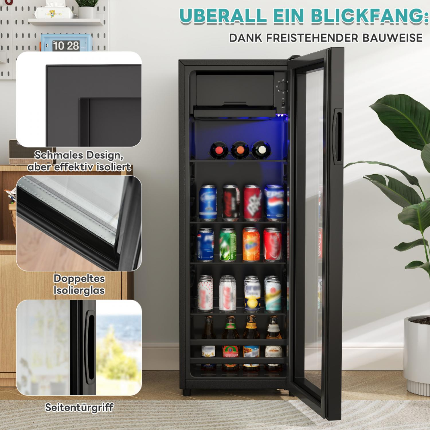 Ein schwarzer Kühlschrank mit Glasfront, gefüllt mit Getränken, mit Detailaufnahmen.