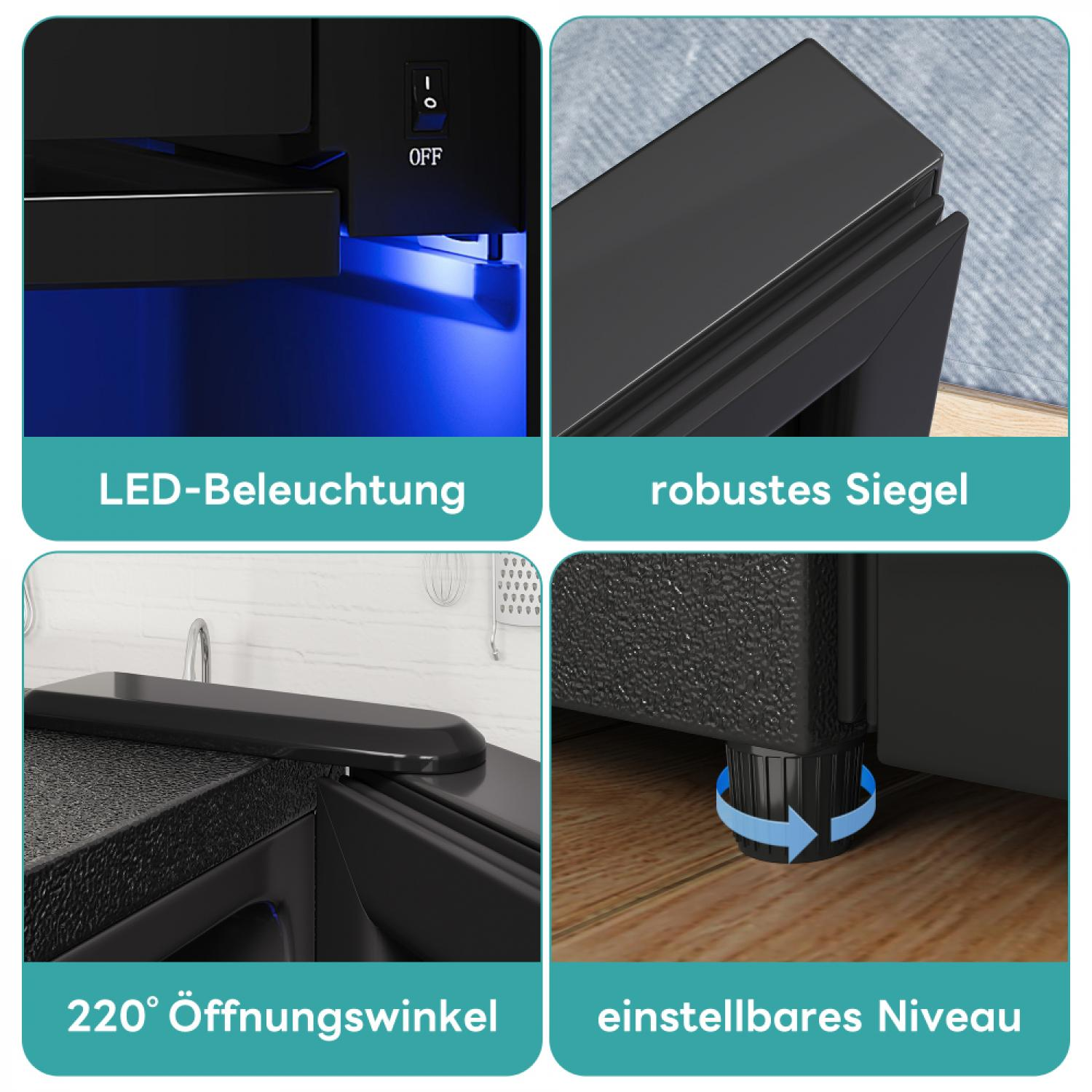 Ein Kühlschrank mit blauer LED-Beleuchtung, robustem Siegel, 220° Öffnungswinkel und verstellbaren Füßen.