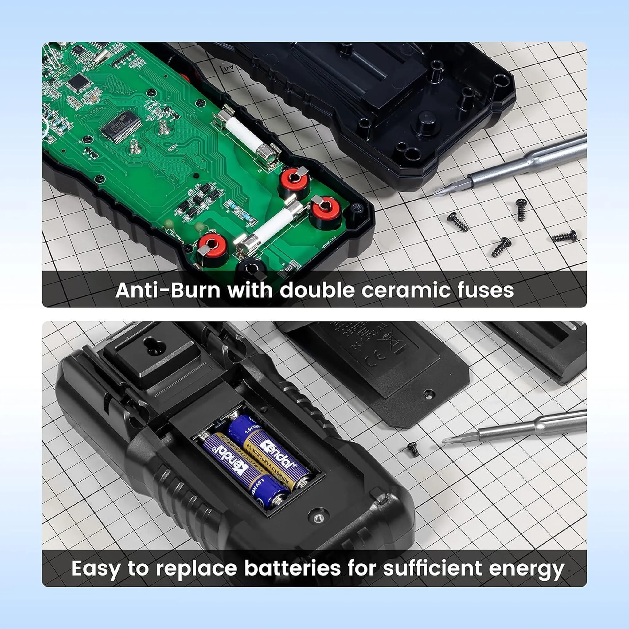 Oberseite: Leiterplatte mit Sicherungen. Unterseite: Batterieabdeckung mit zwei AA-Batterien.