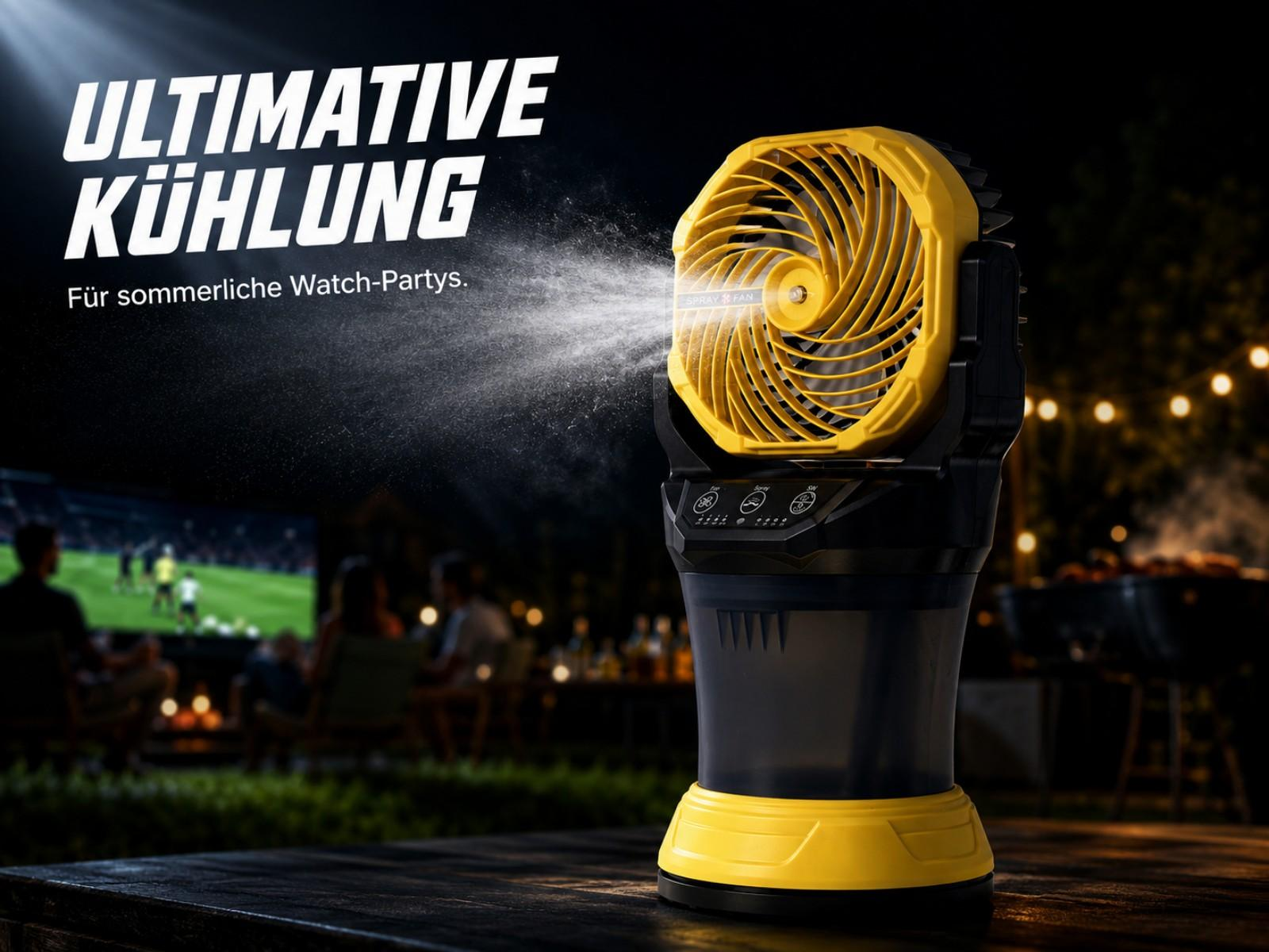 Gelber Sprühventilator sprüht Wasser vor einem verschwommenen Hintergrund mit Menschen, die draußen fernsehen.