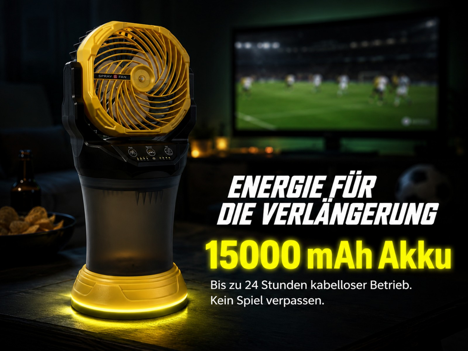 Gelber Sprühventilator mit 15000 mAh Akku, leuchtet gelb, auf einem Tisch.